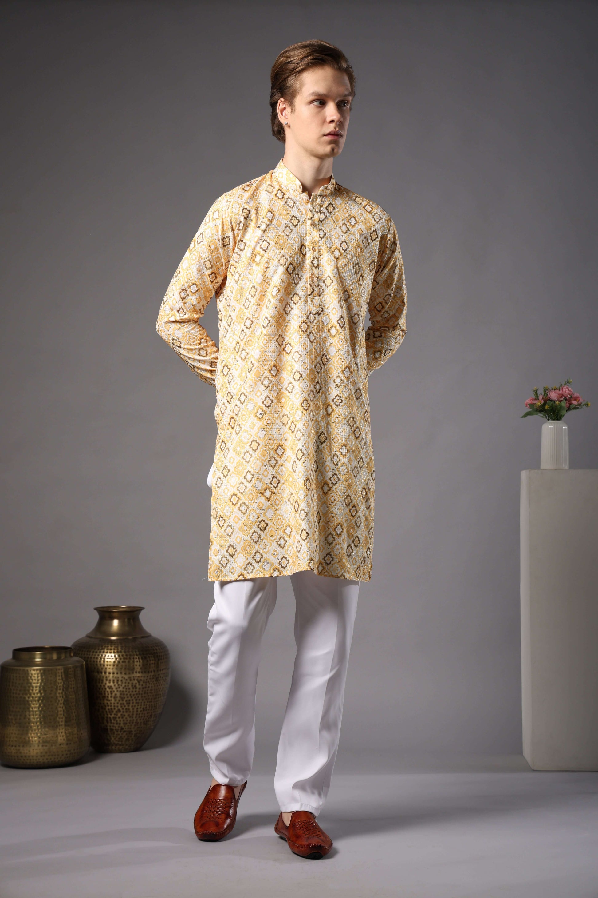 Yellow Geometric Printed Kurta with Zari Work for Men – printed haldi kurta for groomsmen and daytime events by Crease India