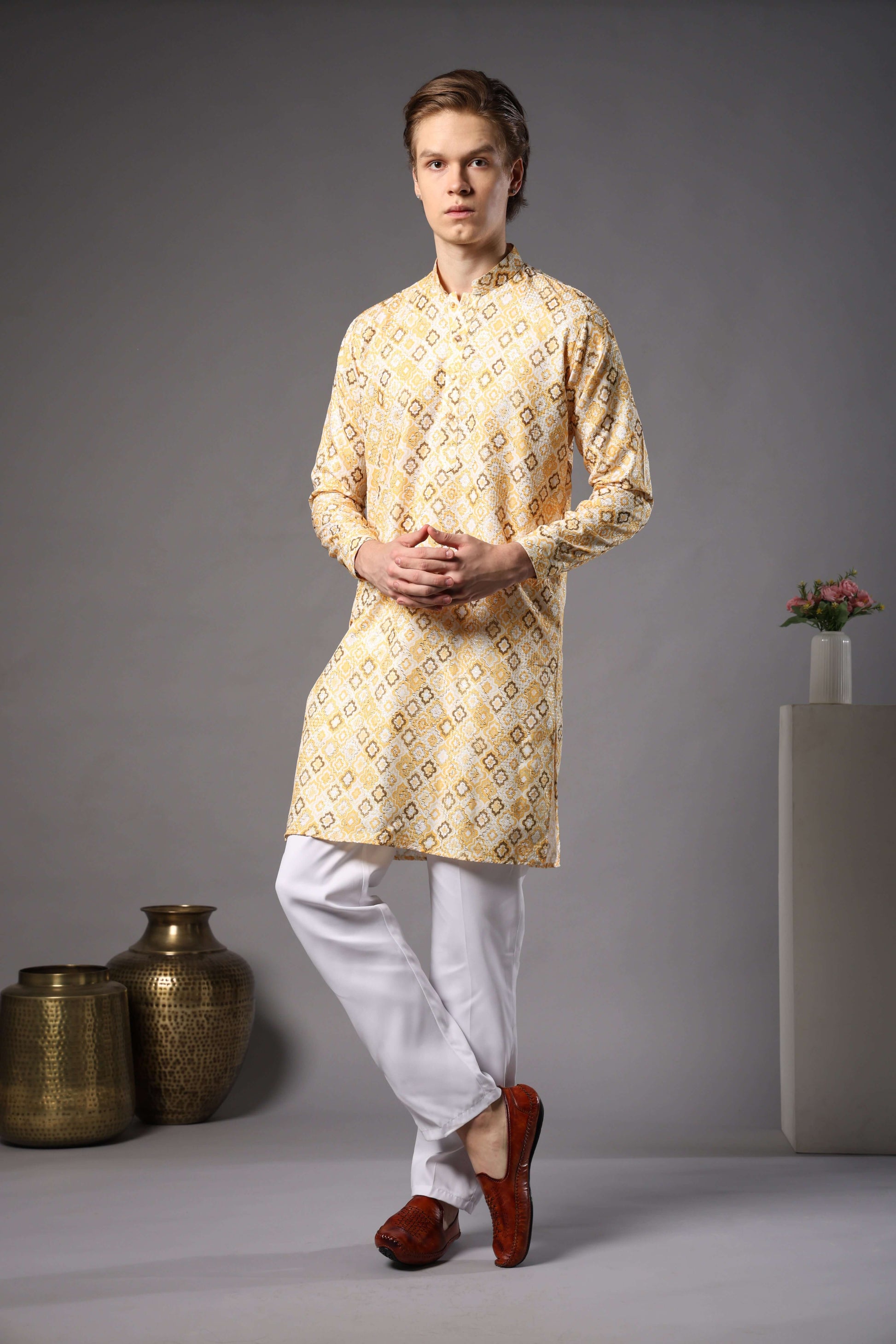 Yellow Geometric Printed Kurta with Zari Work for Men – printed haldi kurta for groomsmen and daytime events by Crease India