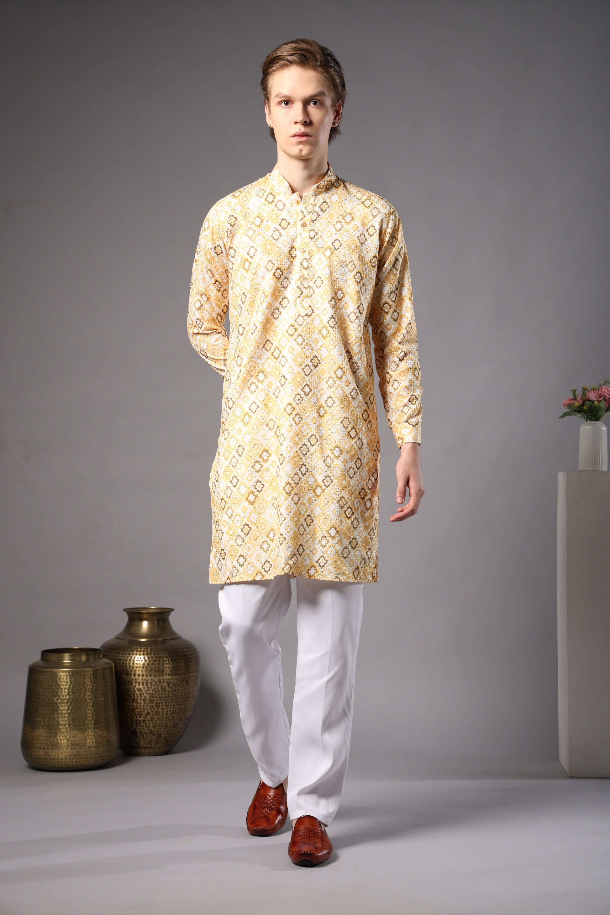 Yellow Geometric Printed Kurta with Zari Work for Men – printed haldi kurta for groomsmen and daytime events by Crease India