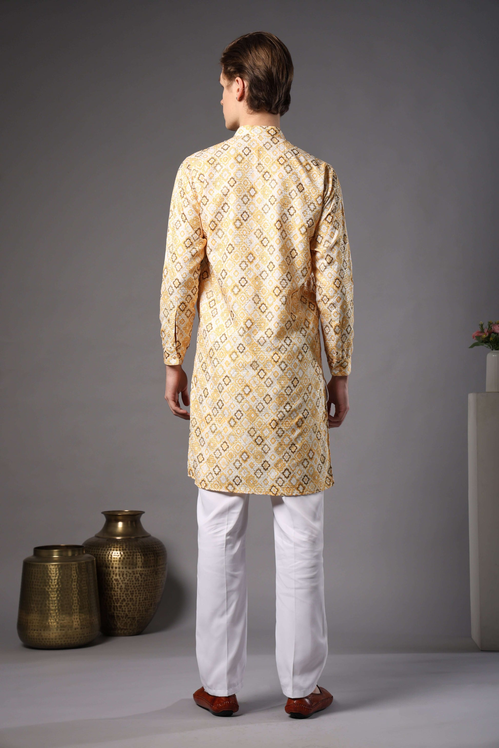 Yellow Geometric Printed Kurta with Zari Work for Men – printed haldi kurta for groomsmen and daytime events by Crease India