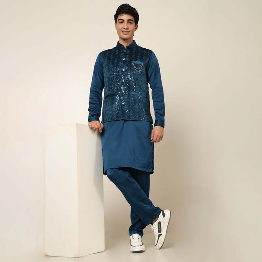 Navy Blue kurta with nehru jacket for men which is made up of suede and has sequence embroidery on it. Shop this navy blue designer wedding kurta jacket set for male from Crease India website.