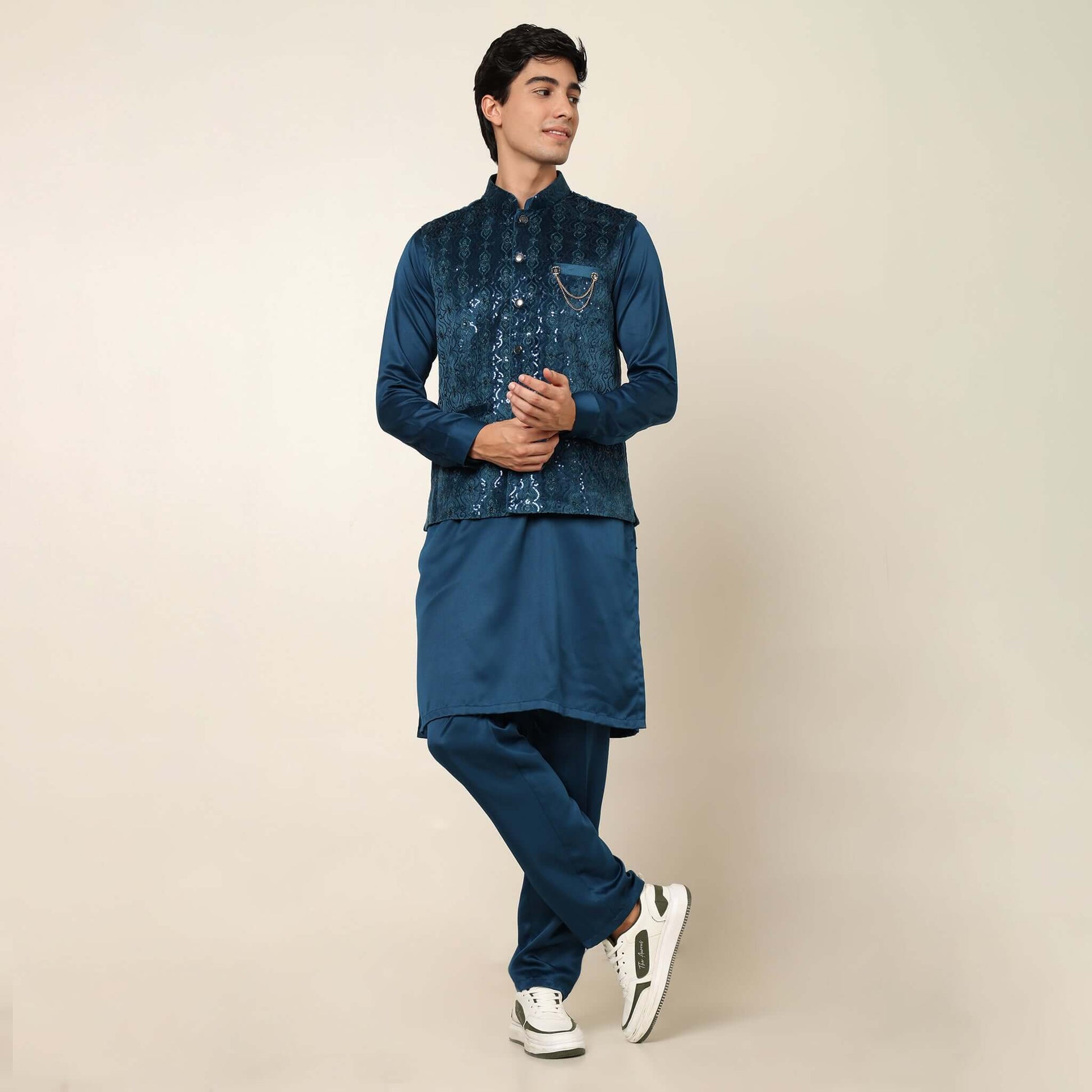 Navy Blue kurta with nehru jacket for men which is made up of suede and has sequence embroidery on it. Shop this navy blue designer wedding kurta jacket set for male from Crease India website.