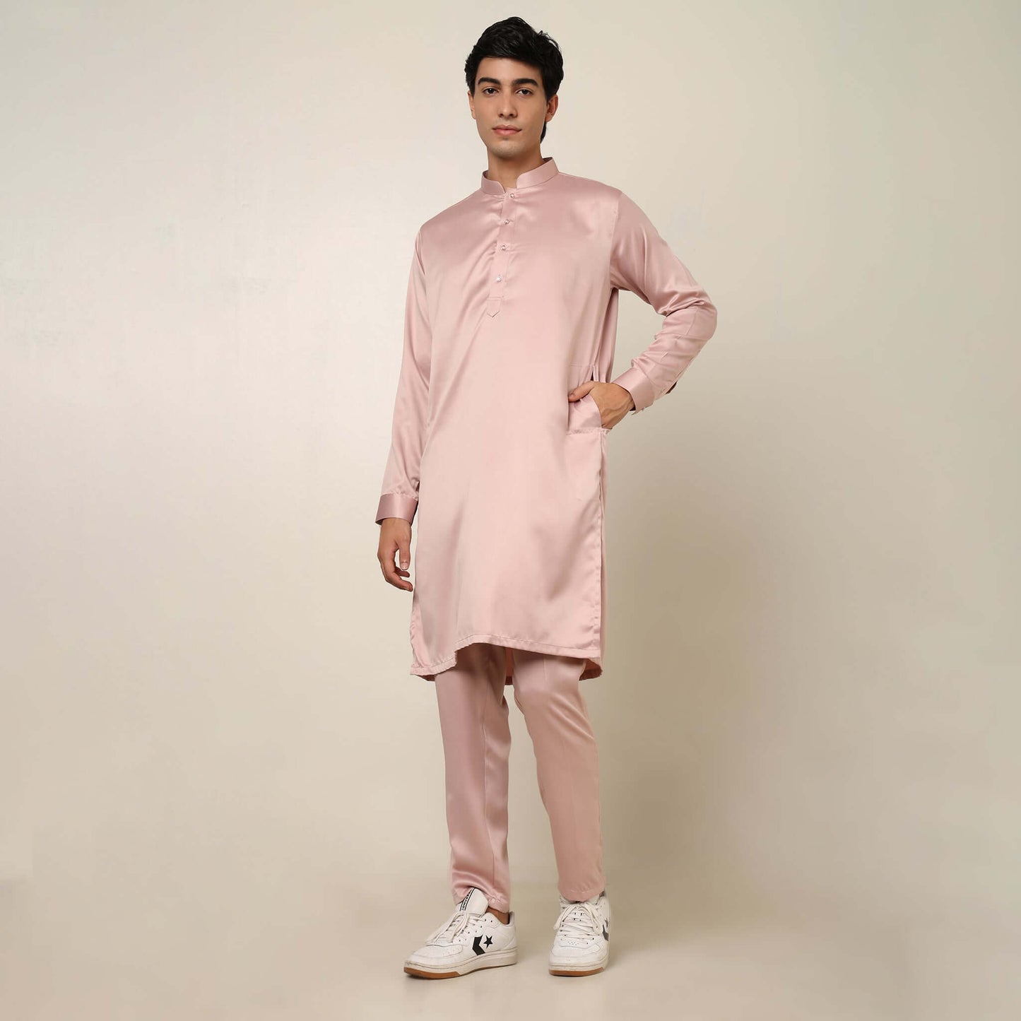 Peach kurta with nehru jacket for men which is made up of satin and has embroidery on it. Shop this peach designer wedding kurta jacket set for male from Crease India website.