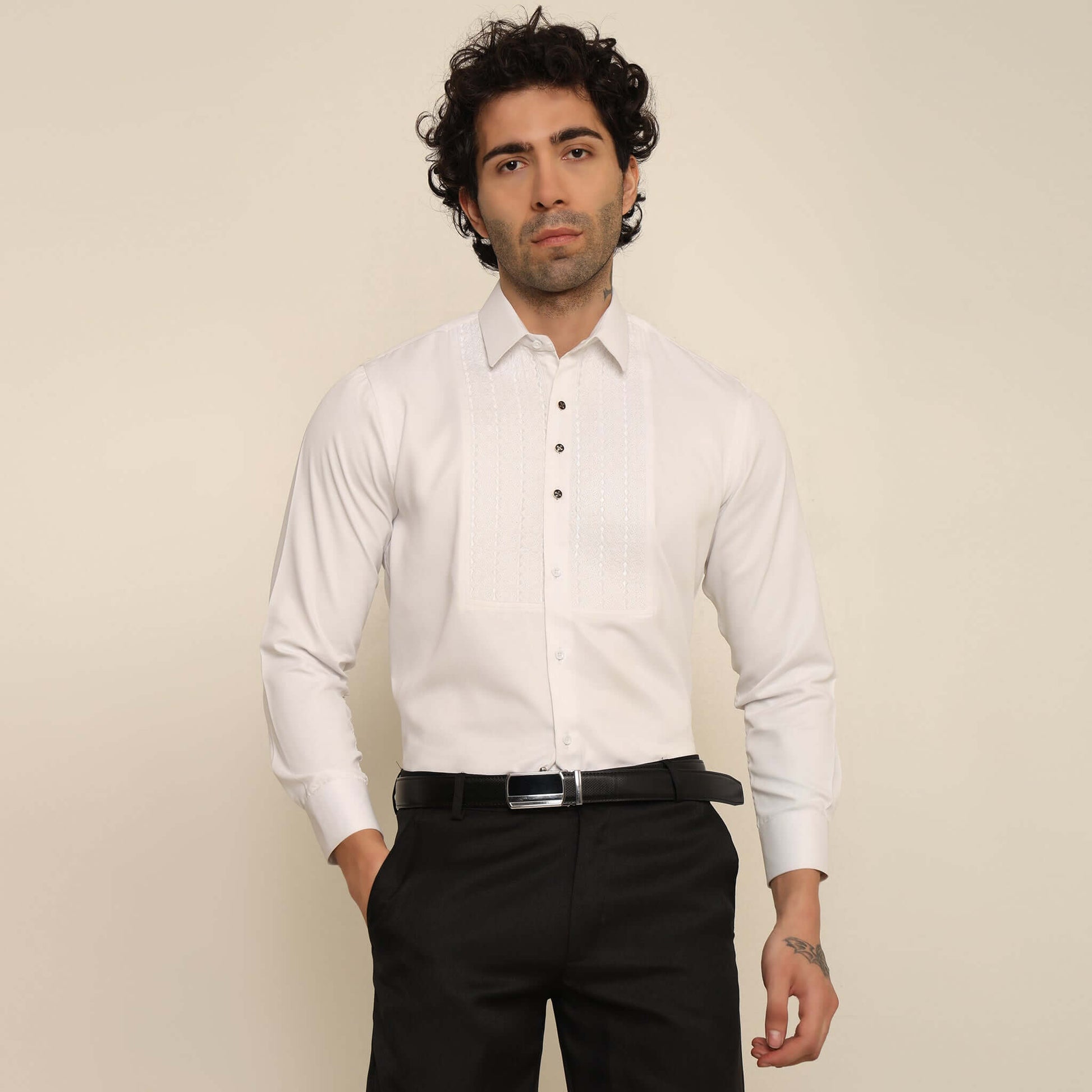 Quilted Designer White Tuxedo Shirt for Men which is made up of satin and has quilting work at the front. Perfect designer formal wear white shirt for weddings and black tie events by Crease India.