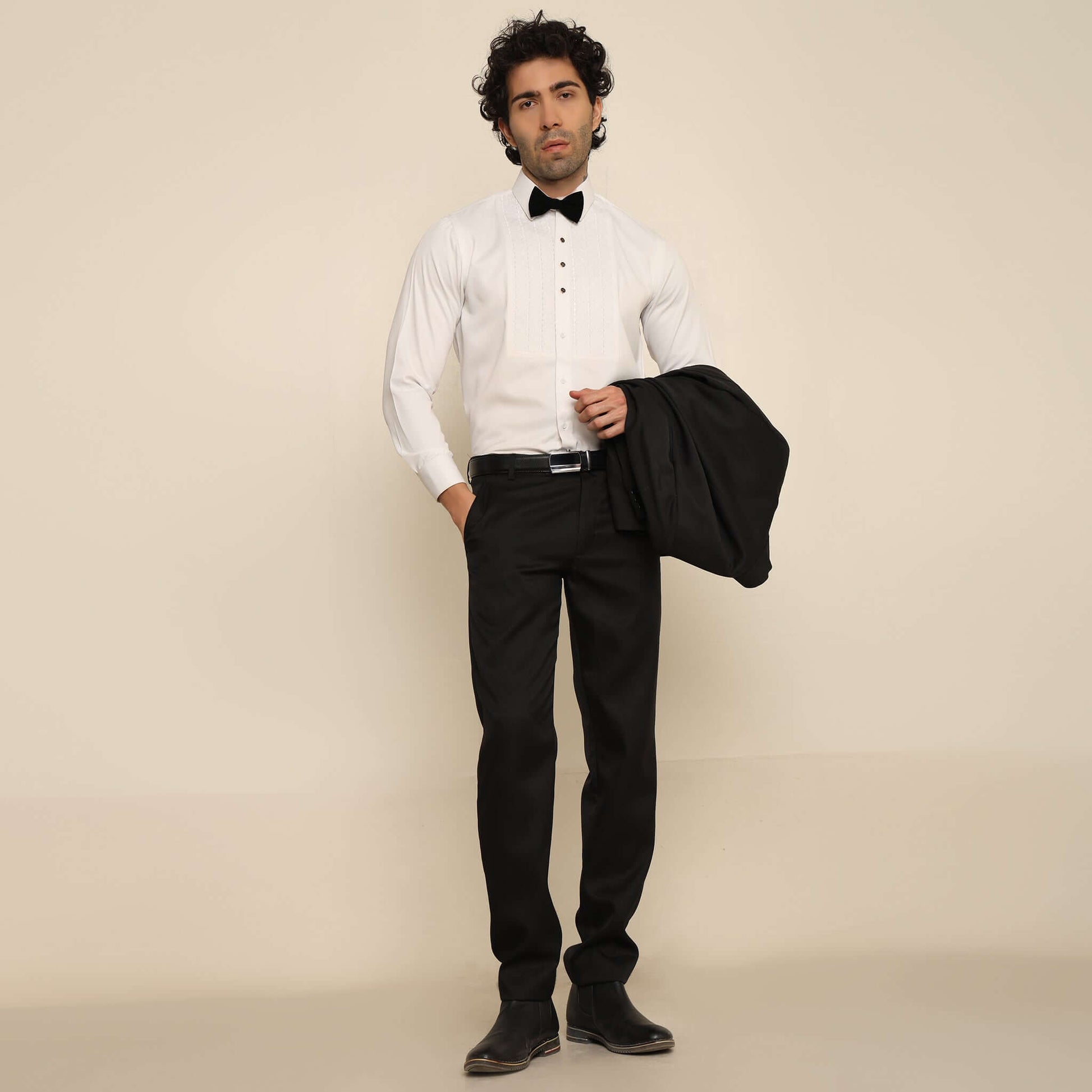 Quilted Designer White Tuxedo Shirt for Men which is made up of satin and has quilting work at the front. Perfect designer formal wear white shirt for weddings and black tie events by Crease India.