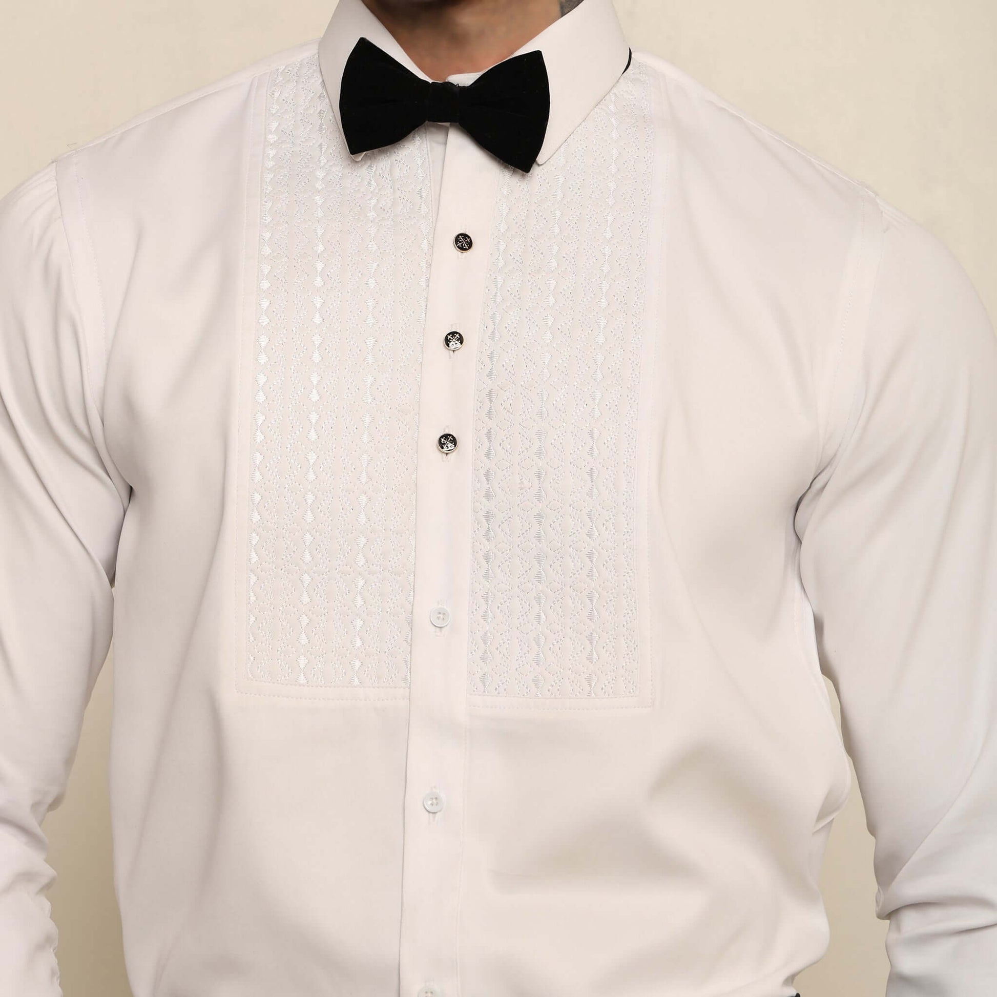 Quilted Designer White Tuxedo Shirt for Men which is made up of satin and has quilting work at the front. Perfect designer formal wear white shirt for weddings and black tie events by Crease India.