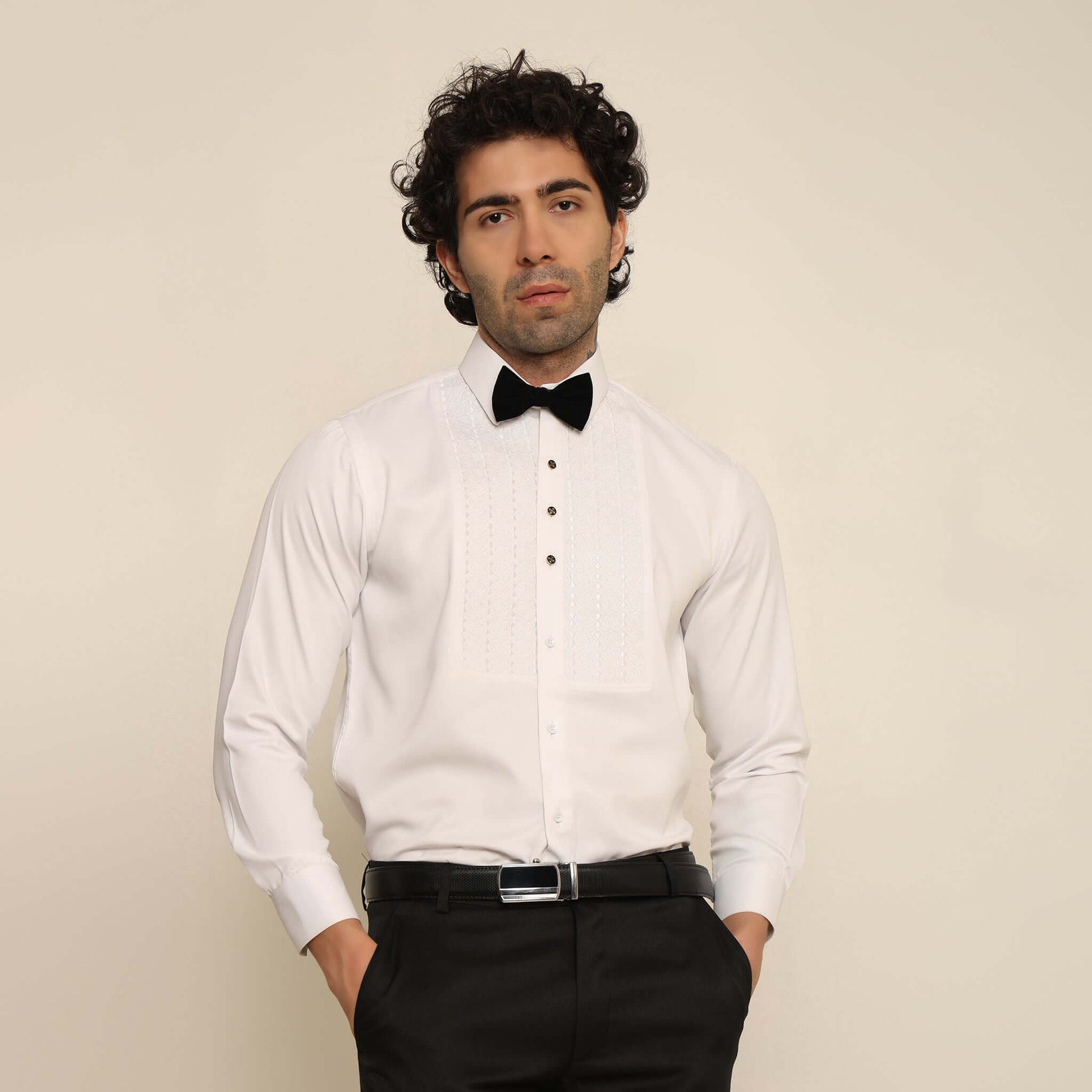 Quilted Designer White Tuxedo Shirt for Men which is made up of satin and has quilting work at the front. Perfect designer formal wear white shirt for weddings and black tie events by Crease India.