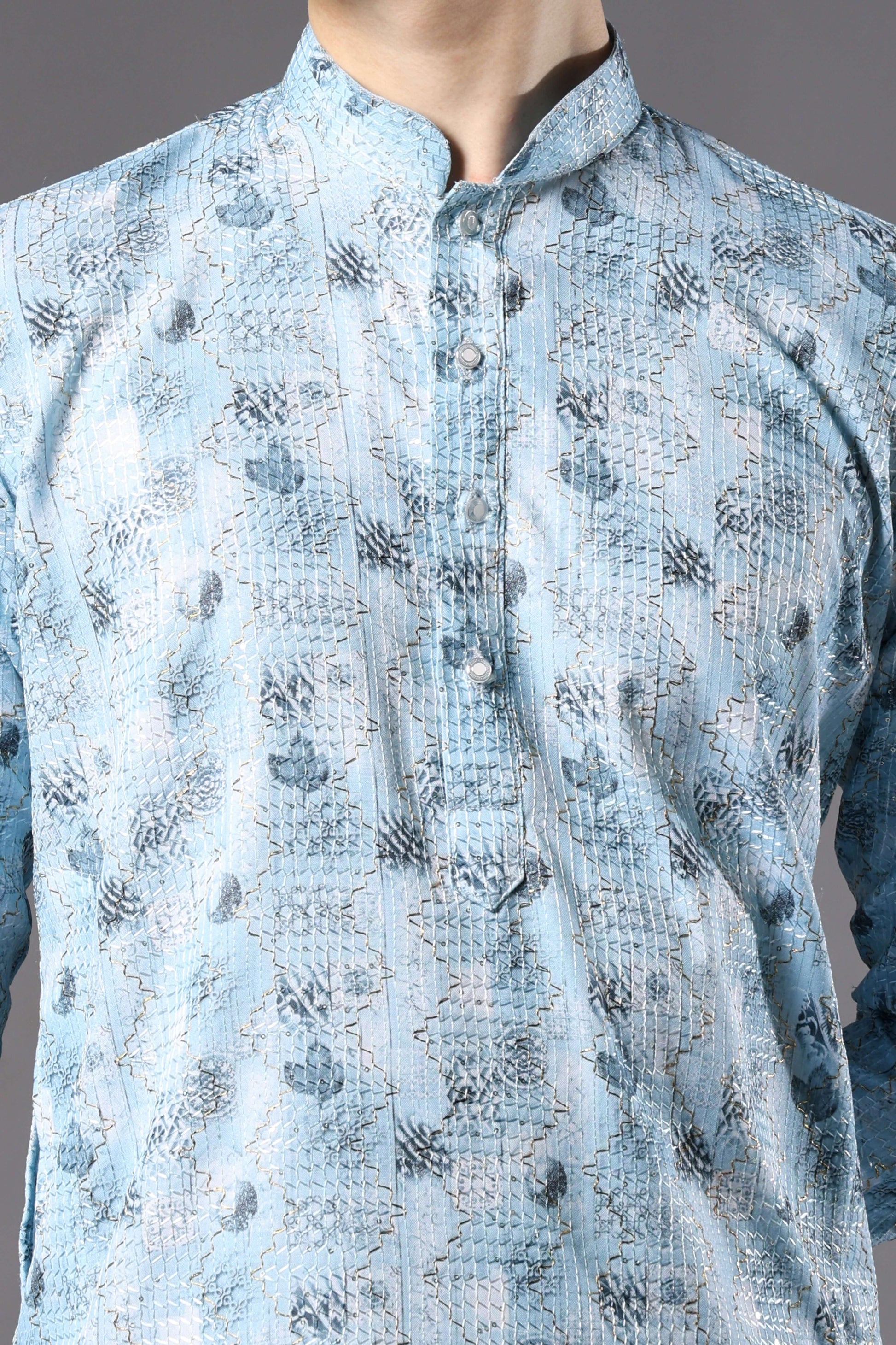 Sky Blue Printed Kurta with Zari Work for Men – stylish mens sky blue kurta for pooja, haldi or summer weddings by Crease India