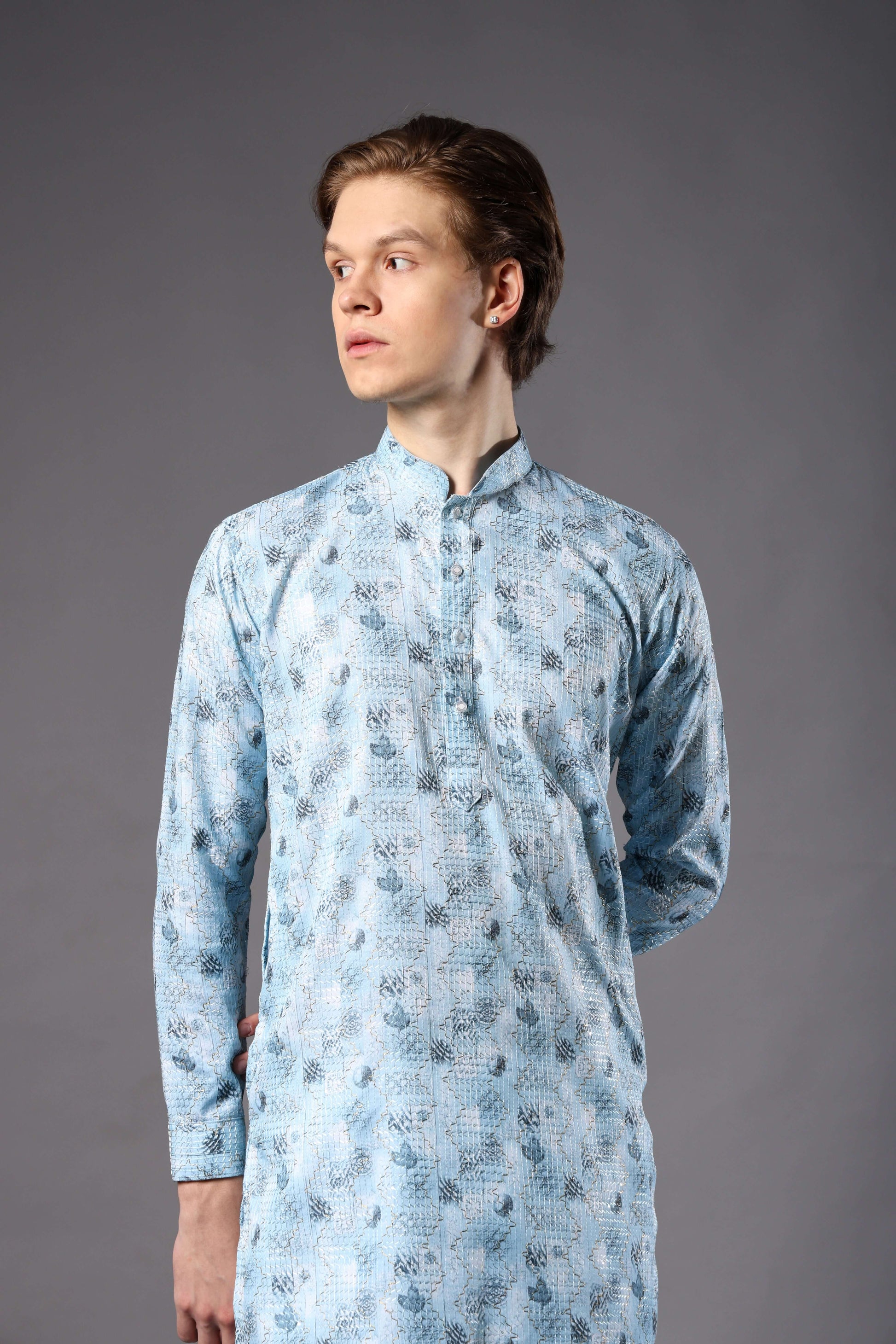 Sky Blue Printed Kurta with Zari Work for Men – stylish mens sky blue kurta for pooja, haldi or summer weddings by Crease India