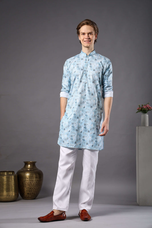 Sky Blue Printed Kurta with Zari Work for Men – stylish mens sky blue kurta for pooja, haldi or summer weddings by Crease India