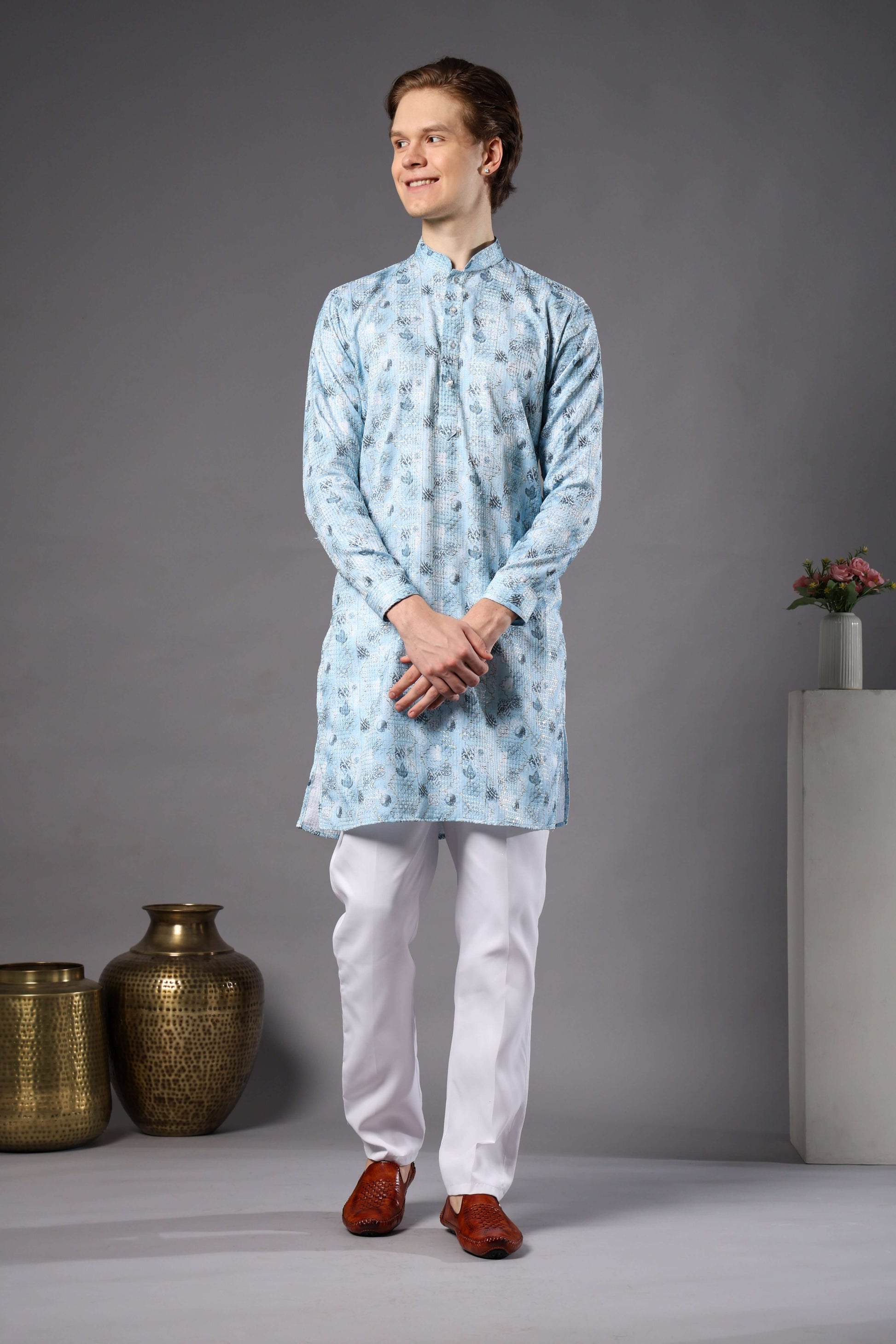 Sky Blue Printed Kurta with Zari Work for Men – stylish mens sky blue kurta for pooja, haldi or summer weddings by Crease India