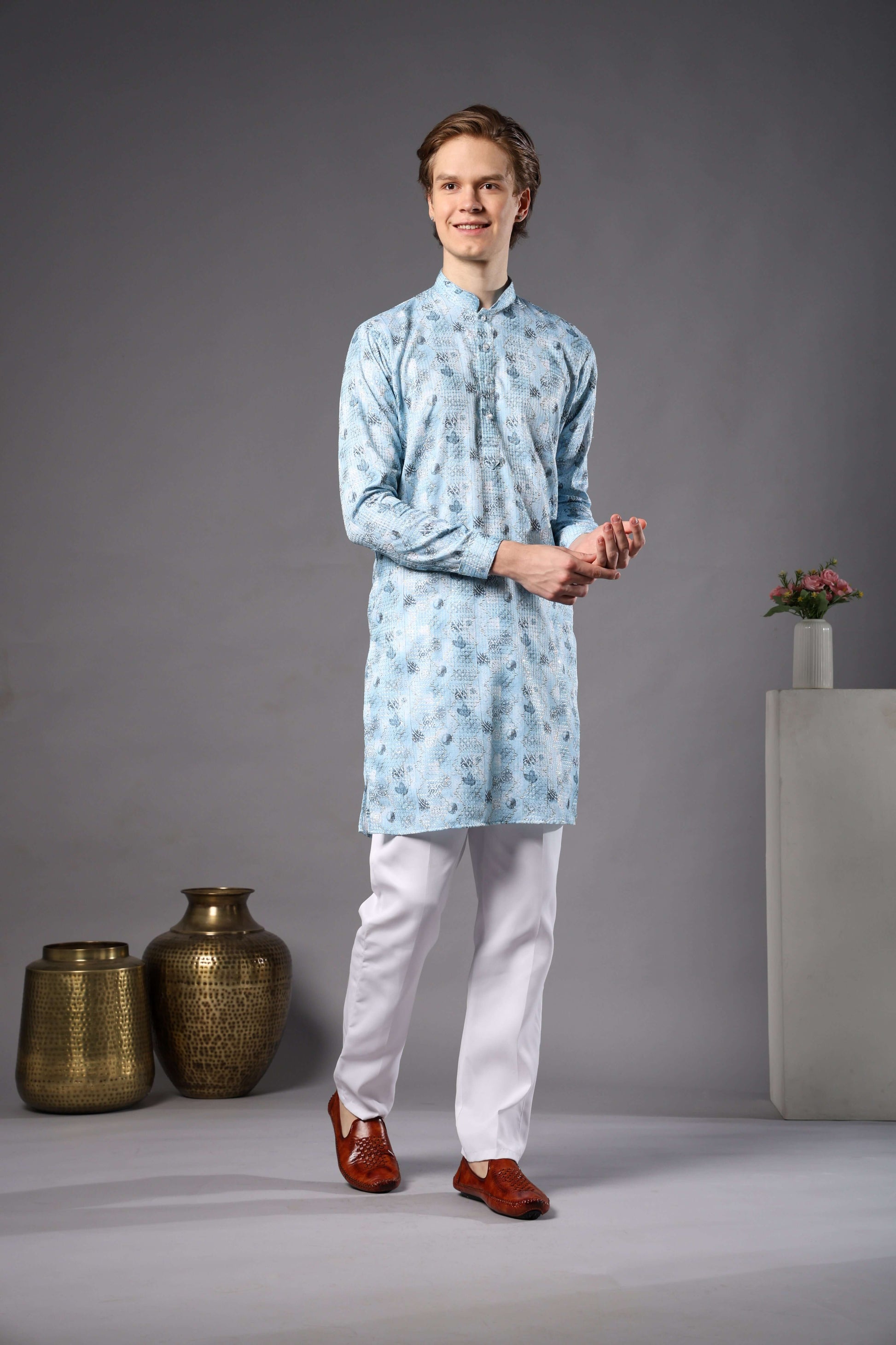 Sky Blue Printed Kurta with Zari Work for Men – stylish mens sky blue kurta for pooja, haldi or summer weddings by Crease India