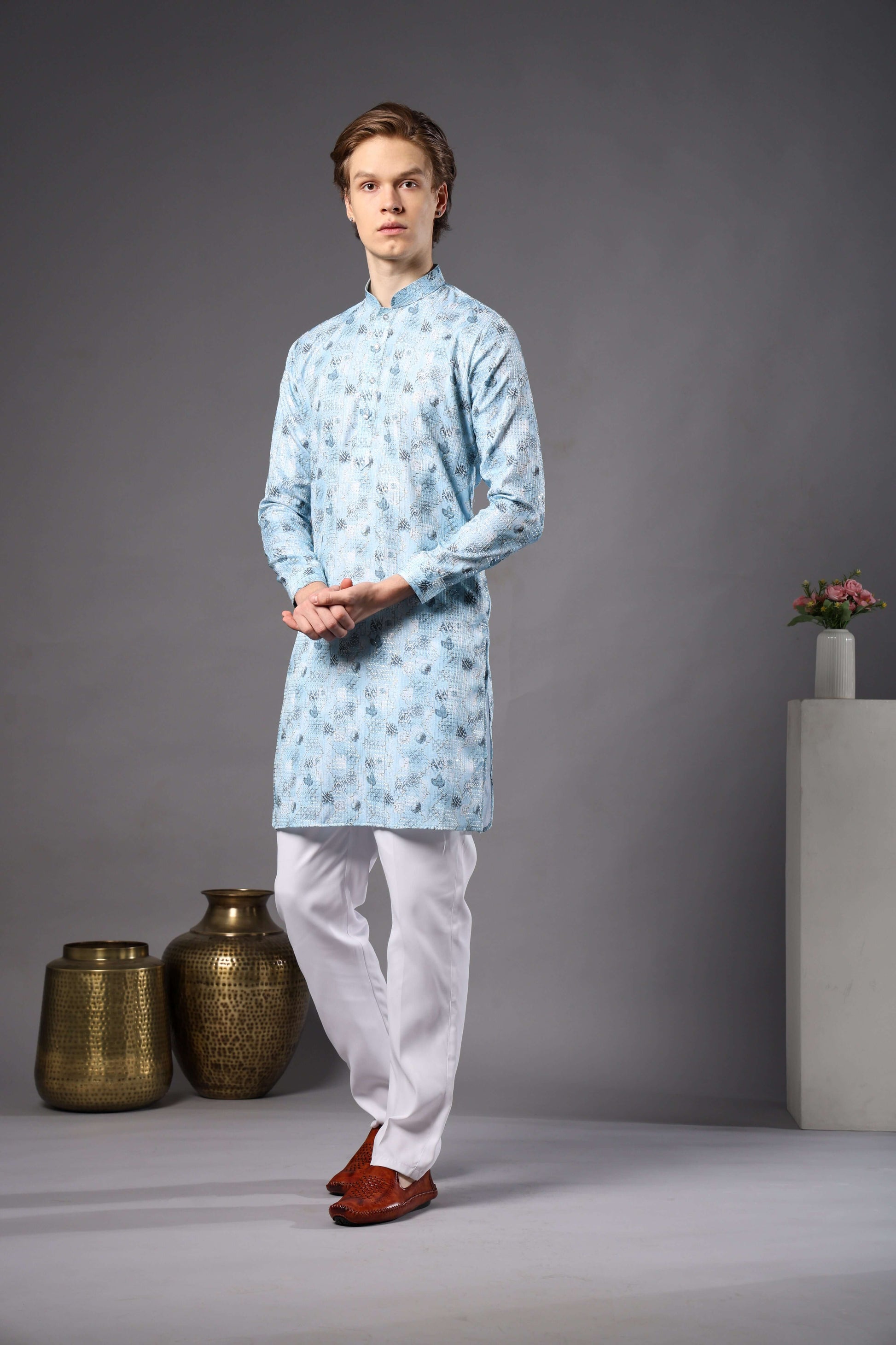 Sky Blue Printed Kurta with Zari Work for Men – stylish mens sky blue kurta for pooja, haldi or summer weddings by Crease India