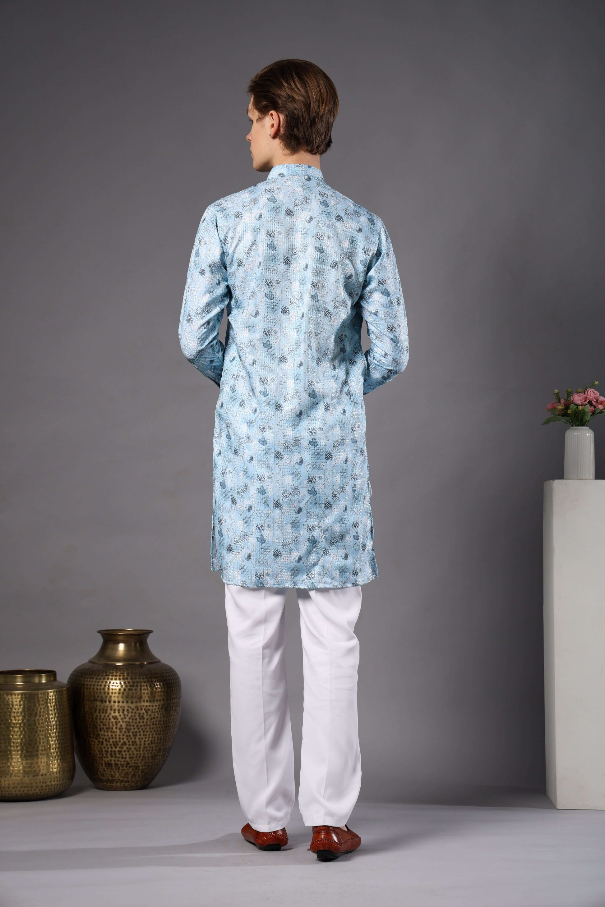 Sky Blue Printed Kurta with Zari Work for Men – stylish mens sky blue kurta for pooja, haldi or summer weddings by Crease India