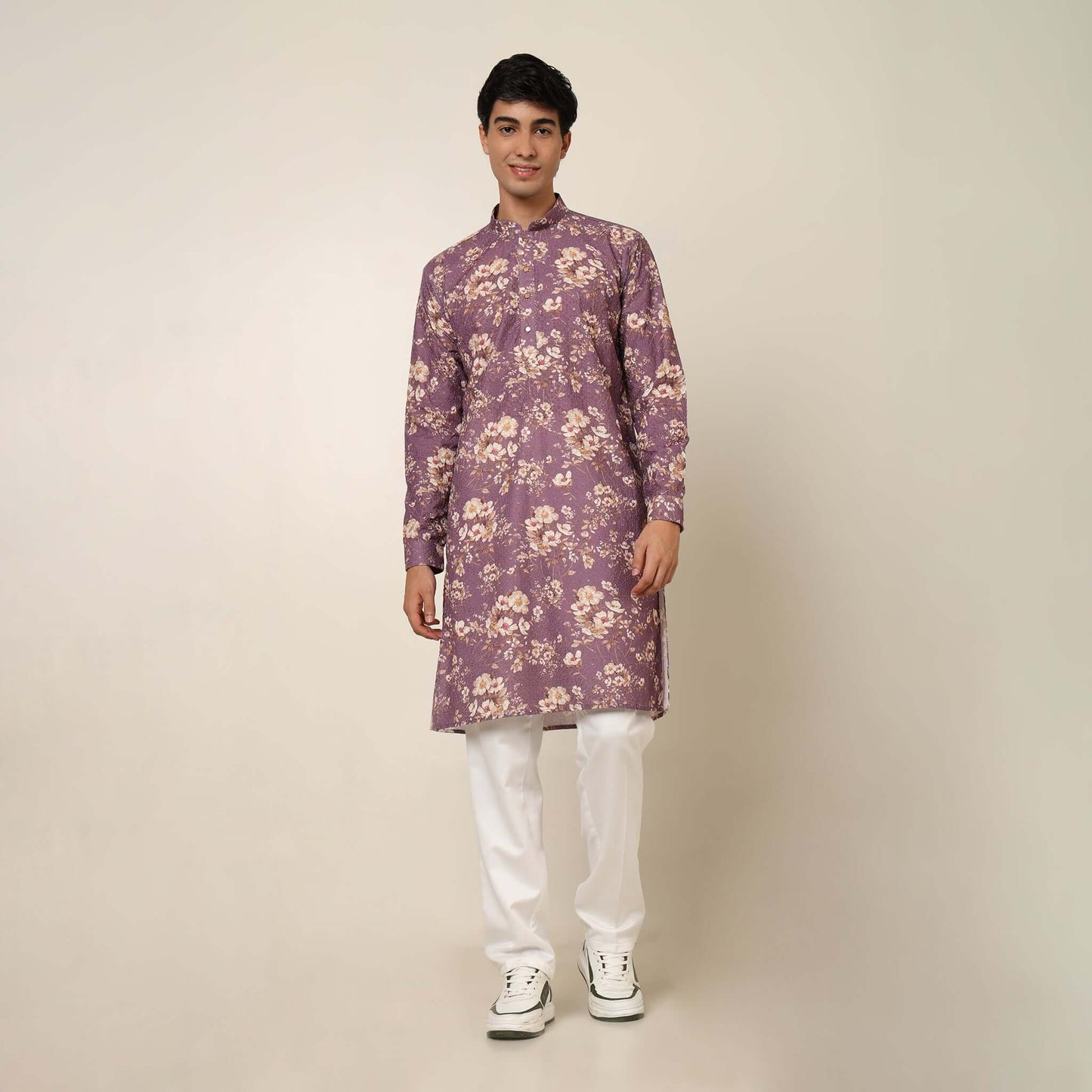 Sugar Plum Purple Floral Wedding Kurta for Men which has embroidery and floral prints. Perfect mens floral kurta for male by Crease India.