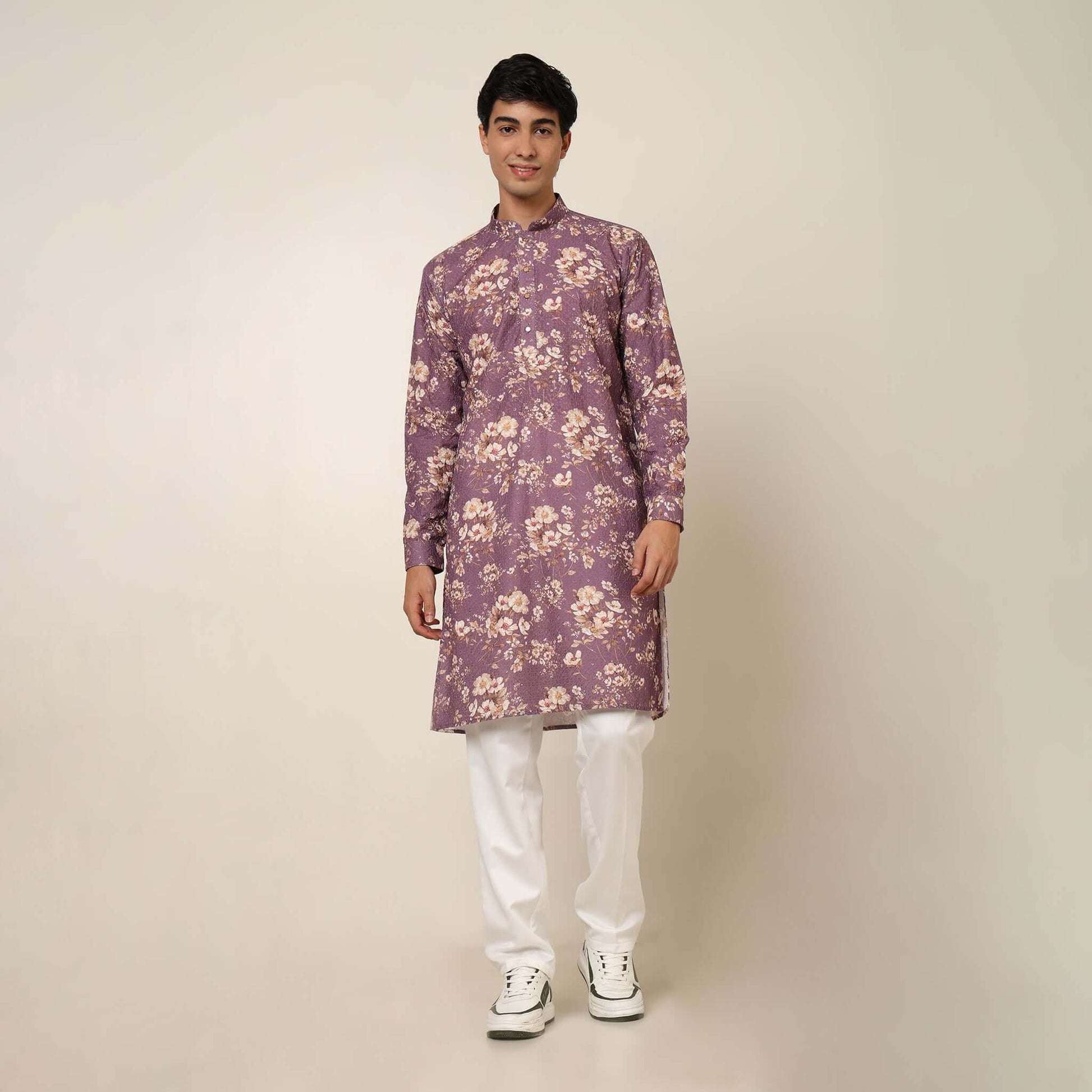 Sugar Plum Purple Floral Wedding Kurta for Men which has embroidery and floral prints. Perfect mens floral kurta for male by Crease India.