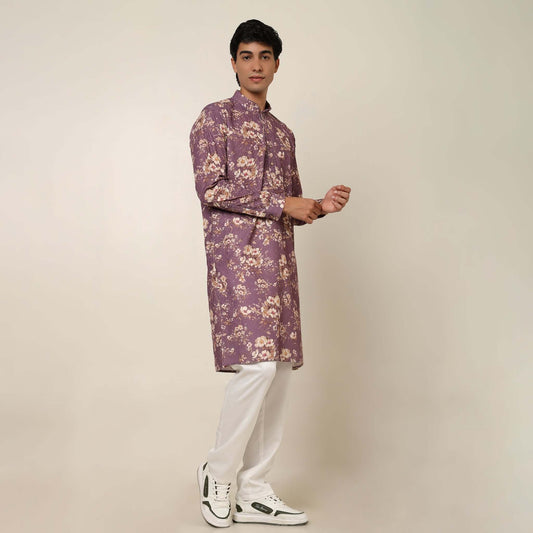 Sugar Plum Purple Floral Wedding Kurta for Men which has embroidery and floral prints. Perfect mens floral kurta for male by Crease India.