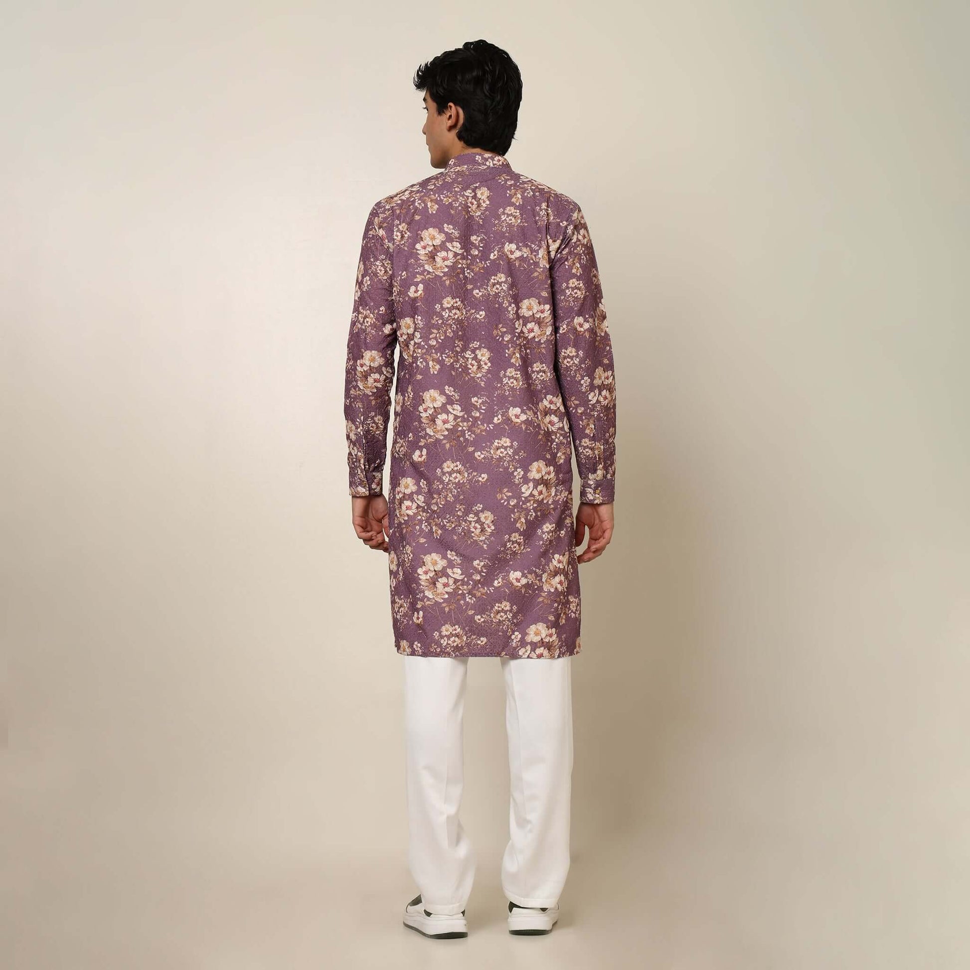 Sugar Plum Purple Floral Wedding Kurta for Men which has embroidery and floral prints. Perfect mens floral kurta for male by Crease India.