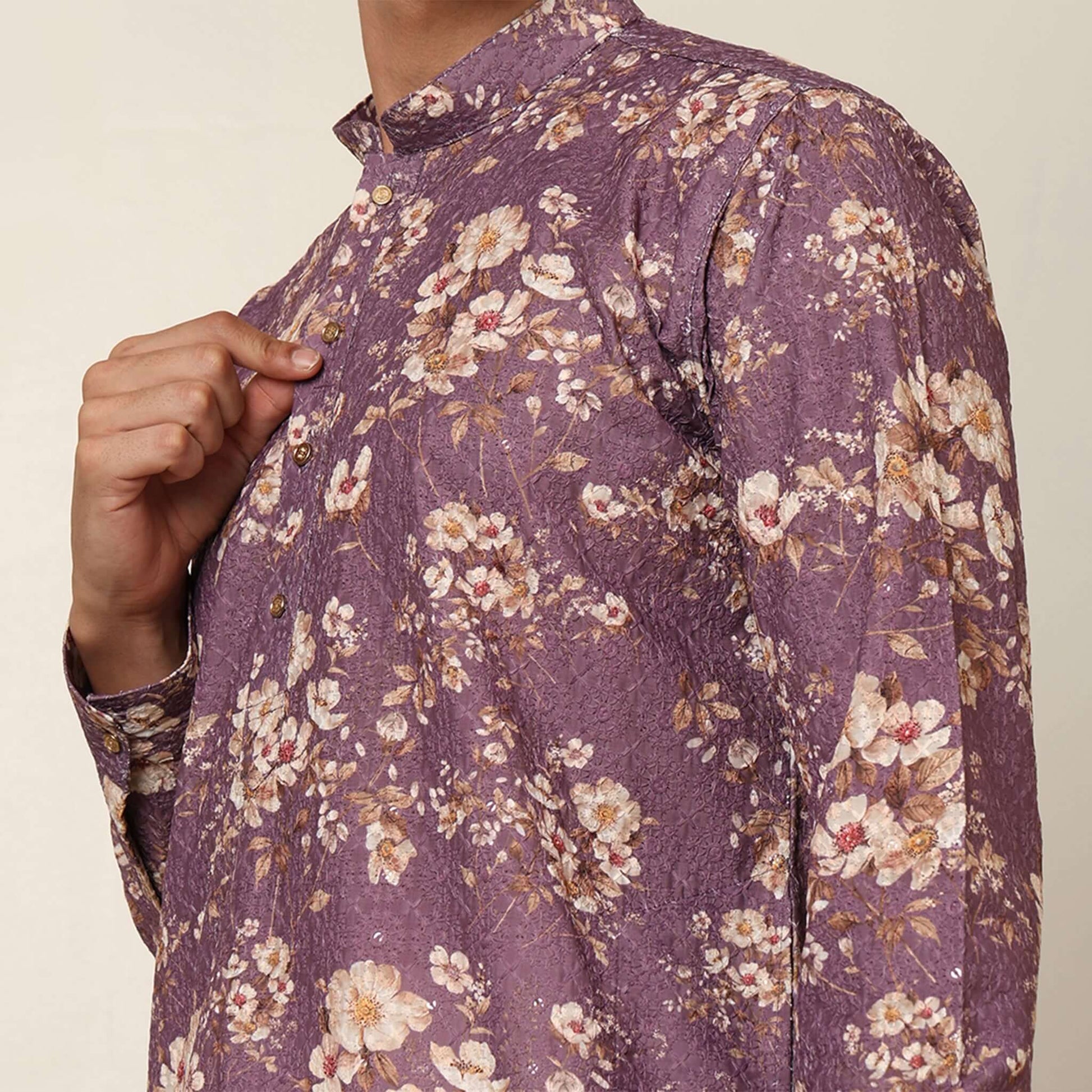 Sugar Plum Purple Floral Wedding Kurta for Men which has embroidery and floral prints. Perfect mens floral kurta for male by Crease India.