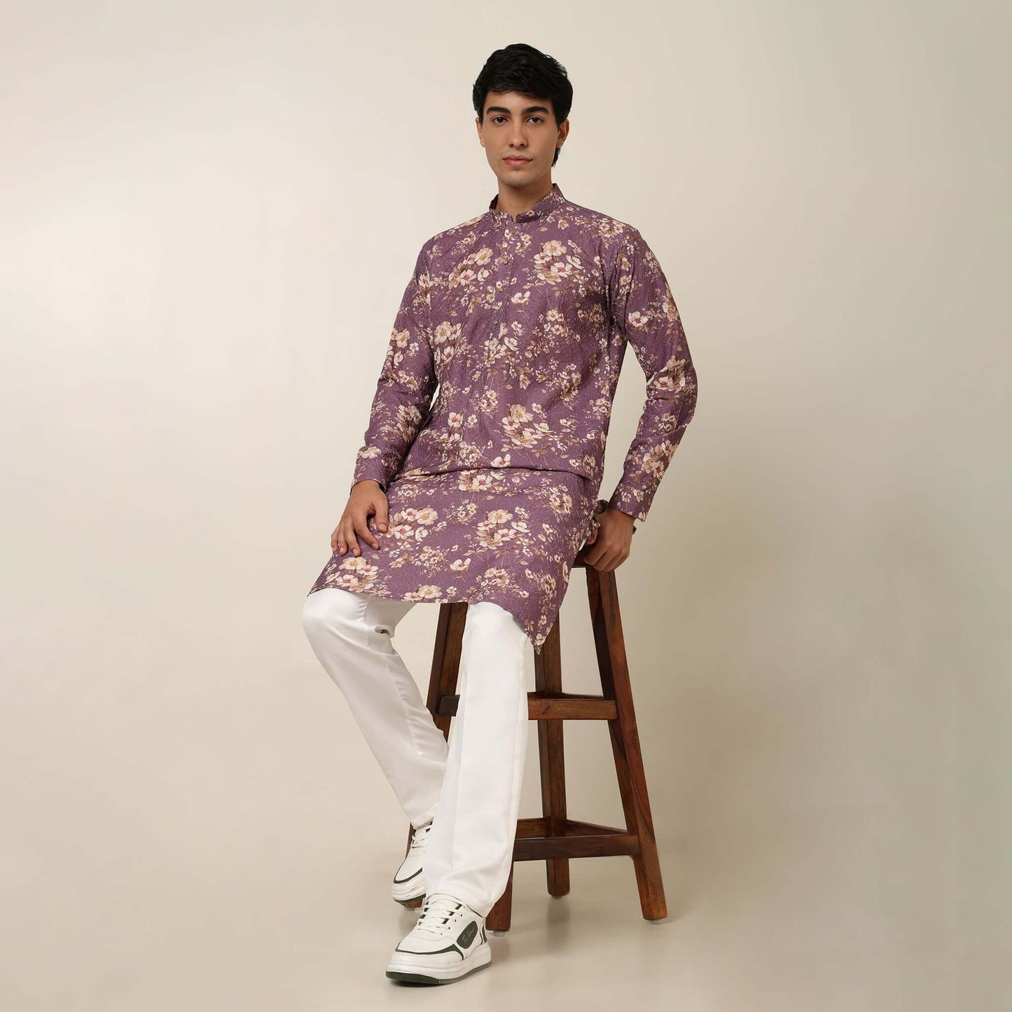 Sugar Plum Purple Floral Wedding Kurta for Men which has embroidery and floral prints. Perfect mens floral kurta for male by Crease India.