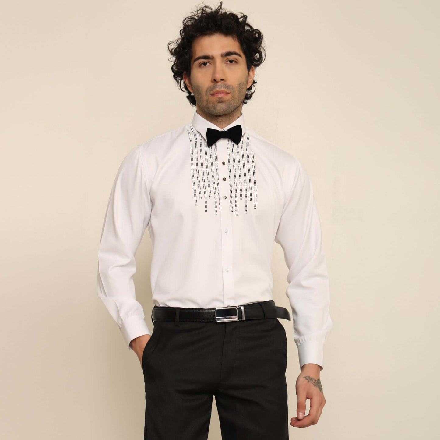 Black Crystal White Tuxedo Shirt for Men which is made up of cotton and has crystal work at the front. Perfect designer formal wear white shirt for weddings and black tie events by Crease India.