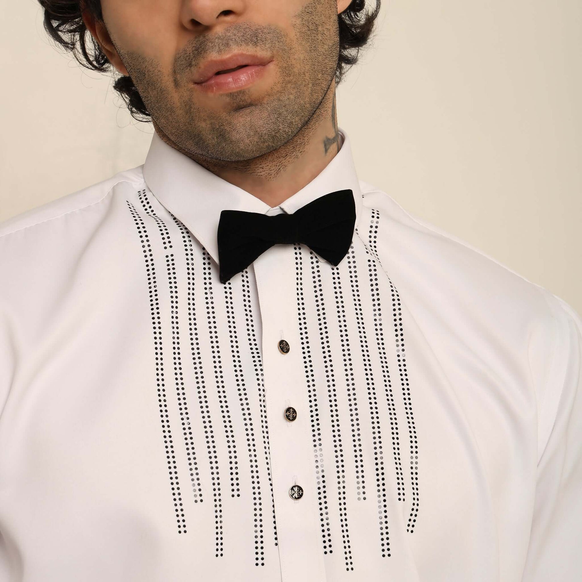 Black Crystal White Tuxedo Shirt for Men which is made up of cotton and has crystal work at the front. Perfect designer formal wear white shirt for weddings and black tie events by Crease India.