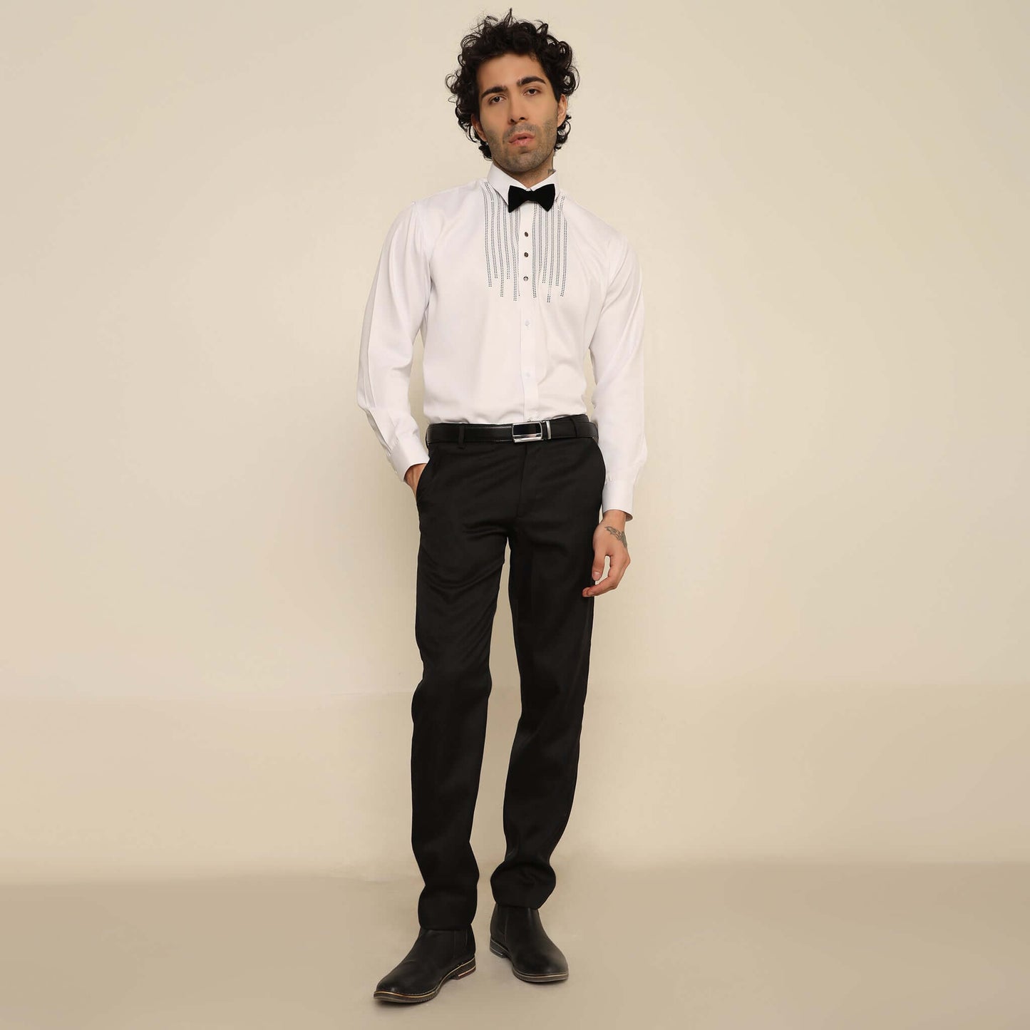 Black Crystal White Tuxedo Shirt for Men which is made up of cotton and has crystal work at the front. Perfect designer formal wear white shirt for weddings and black tie events by Crease India.