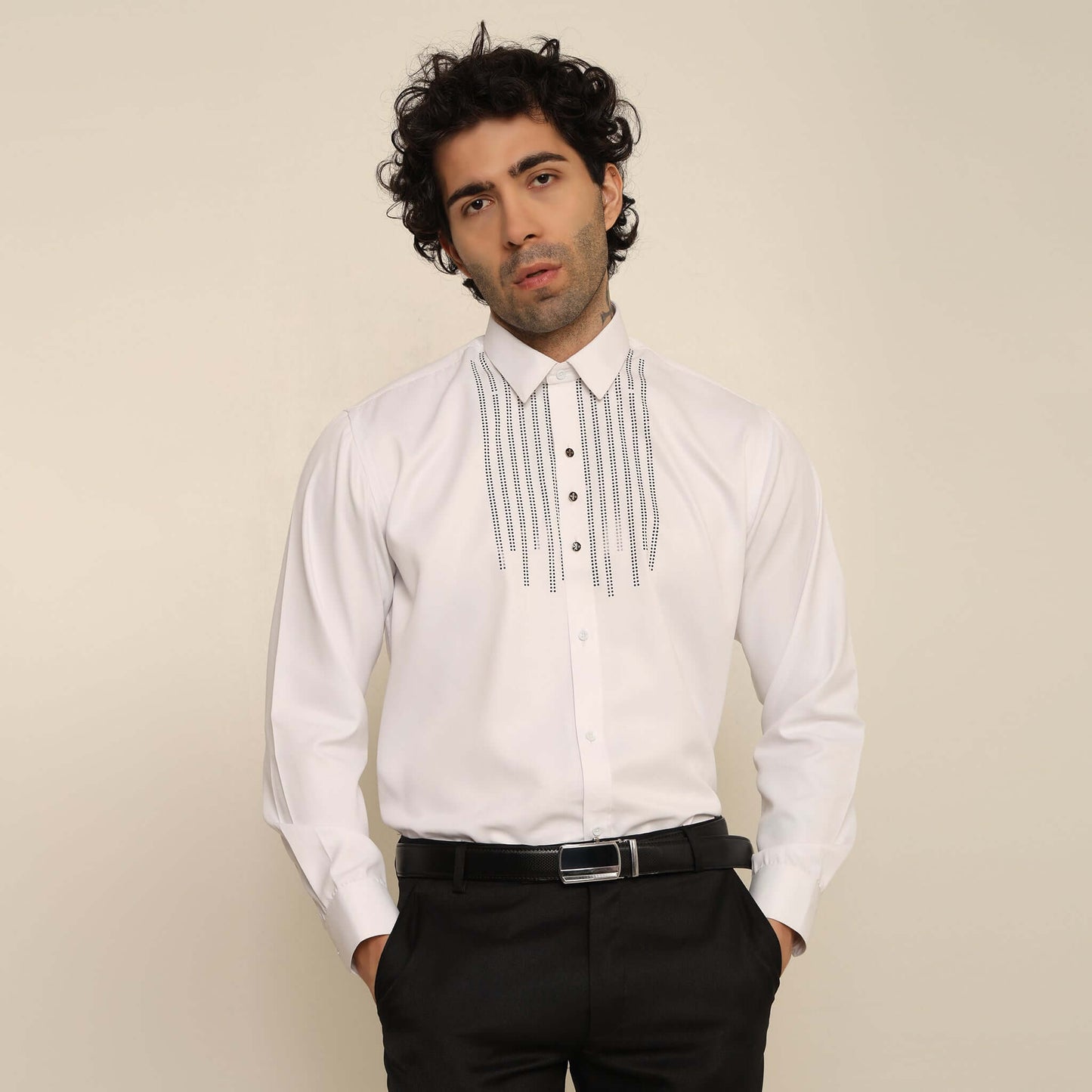 Black Crystal Tuxedo Shirt for Men, perfect for weddings. galas, prom nights, black tie events, and other formal events. Shop this designer white tuxedo shirt for men on Crease India Website.