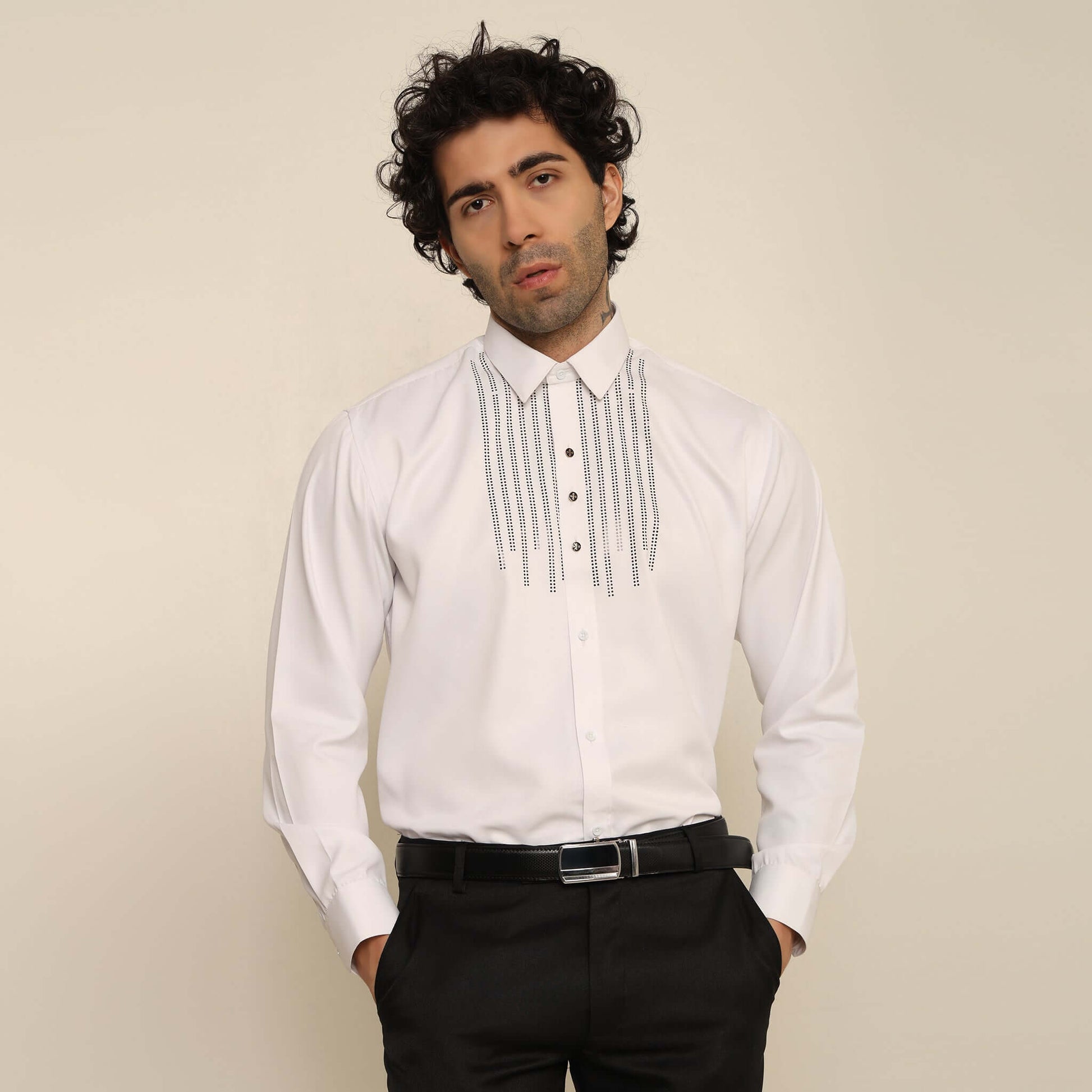 Black Crystal Tuxedo Shirt for Men, perfect for weddings. galas, prom nights, black tie events, and other formal events. Shop this designer white tuxedo shirt for men on Crease India Website.