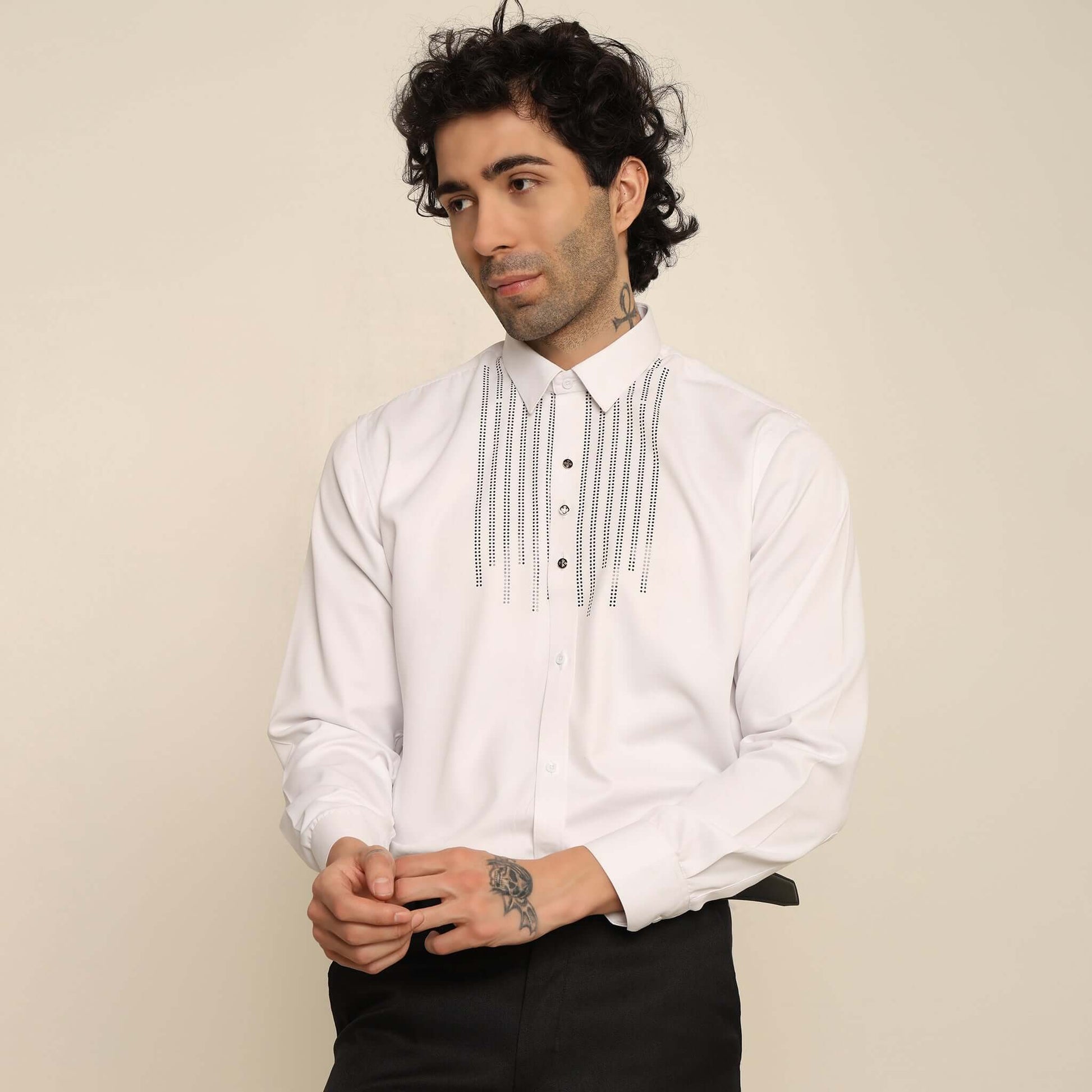 Black Crystal White Tuxedo Shirt for Men which is made up of cotton and has crystal work at the front. Perfect designer formal wear white shirt for weddings and black tie events by Crease India.