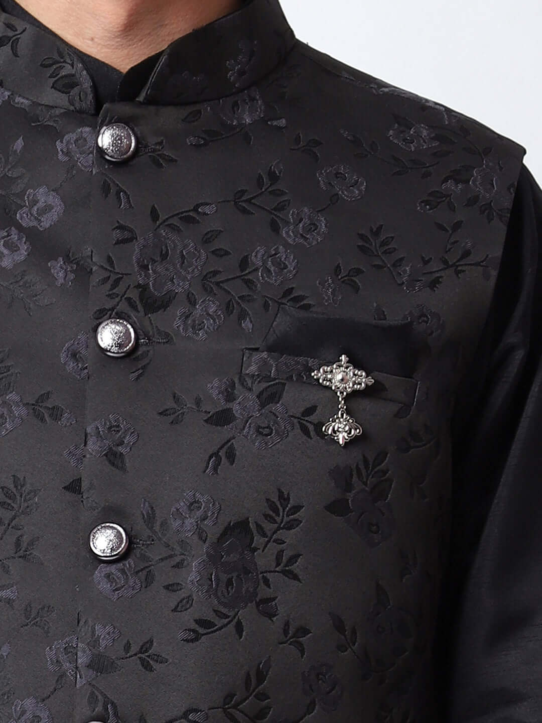 Black kurta with black nehru jacket for men which is made up of dupion silk and has motif designs on it. Shop this black designer wedding kurta jacket set for male from Crease India website.