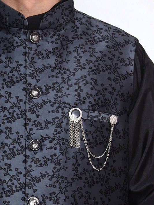 Black kurta with grey nehru jacket for men which is made up of jacquard silk and has floral embroidery on it. Shop this black designer wedding kurta jacket set for male from Crease India website.