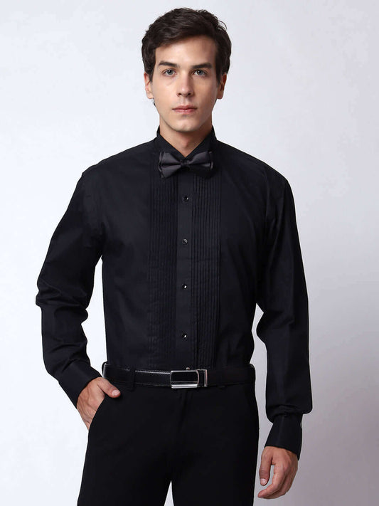 Black Pintex Designer Tuxedo Shirt for Men which is made up of cotton and has wing tip collar with french cuffs. Perfect designer formal wear black shirt for weddings and black tie events by Crease India.