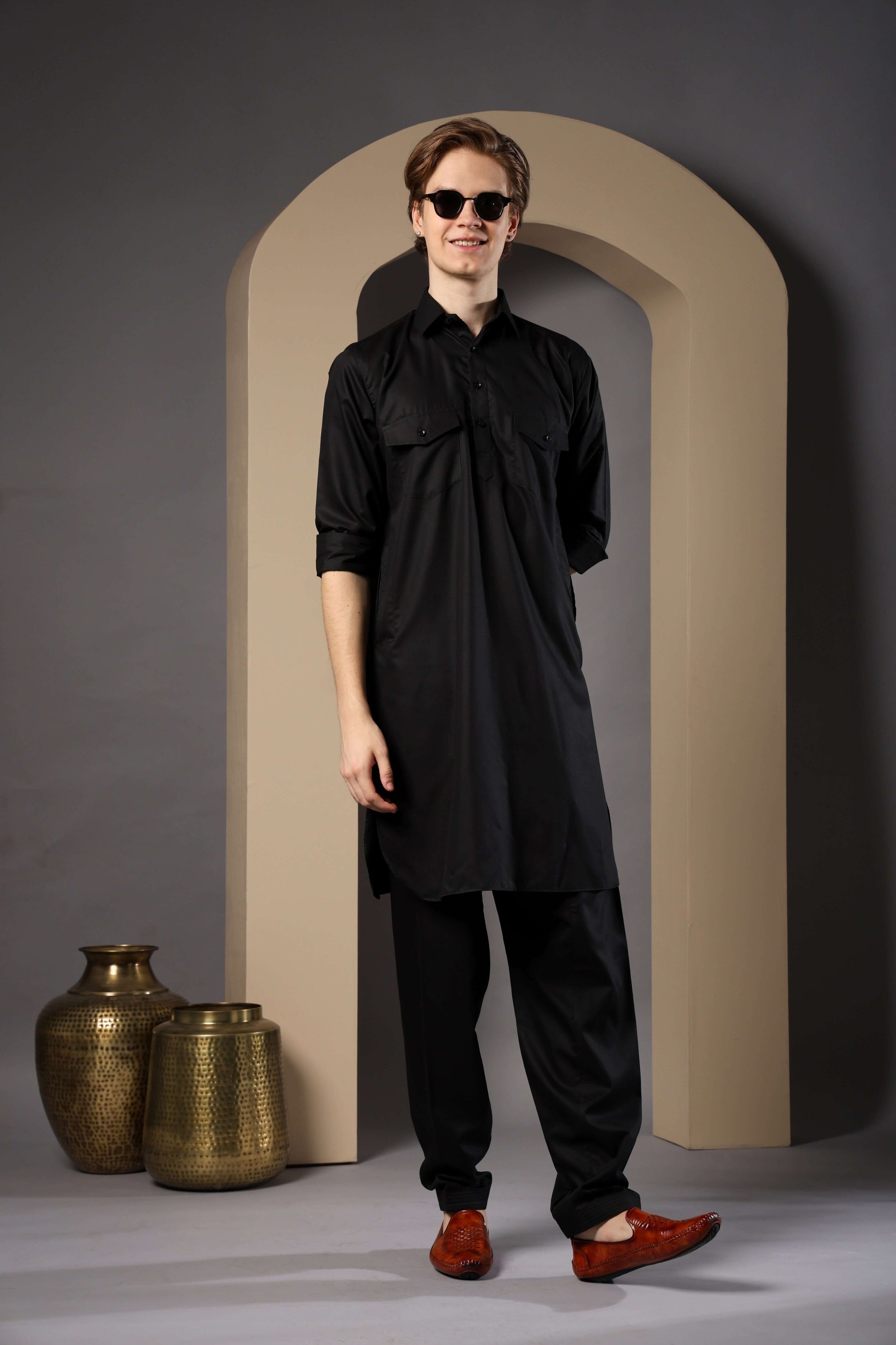Black Pathani Kurta for Men by Crease India – perfect men's pathani kurta for eid, friday prayers, wedding functions & even dailywear. Buy stylish men's black pathani kurta online.