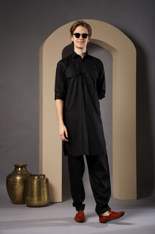 Black Pathani Kurta for Men by Crease India – perfect men's pathani kurta for eid, friday prayers, wedding functions & even dailywear. Buy stylish men's black pathani kurta online.