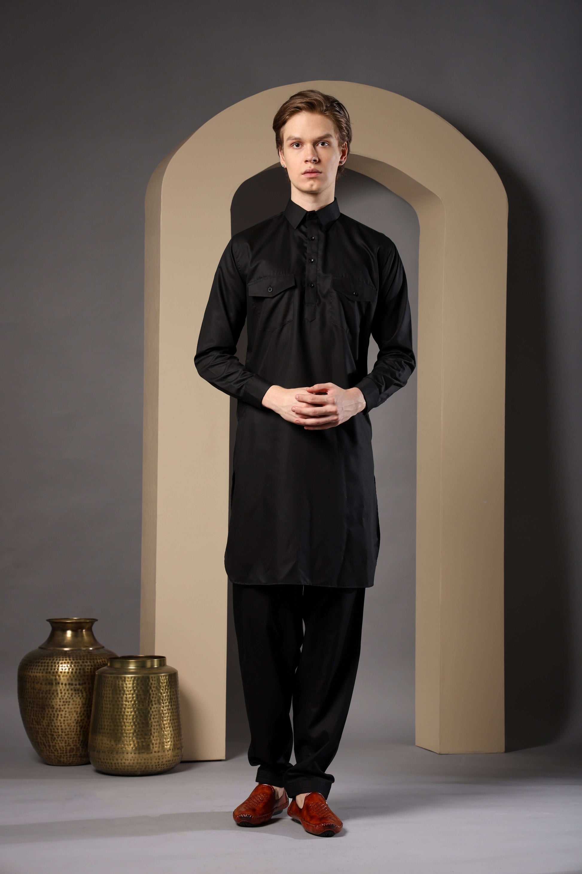 Black Pathani Kurta for Men by Crease India – perfect men's pathani kurta for eid, friday prayers, wedding functions & even dailywear. Buy stylish men's black pathani kurta online.