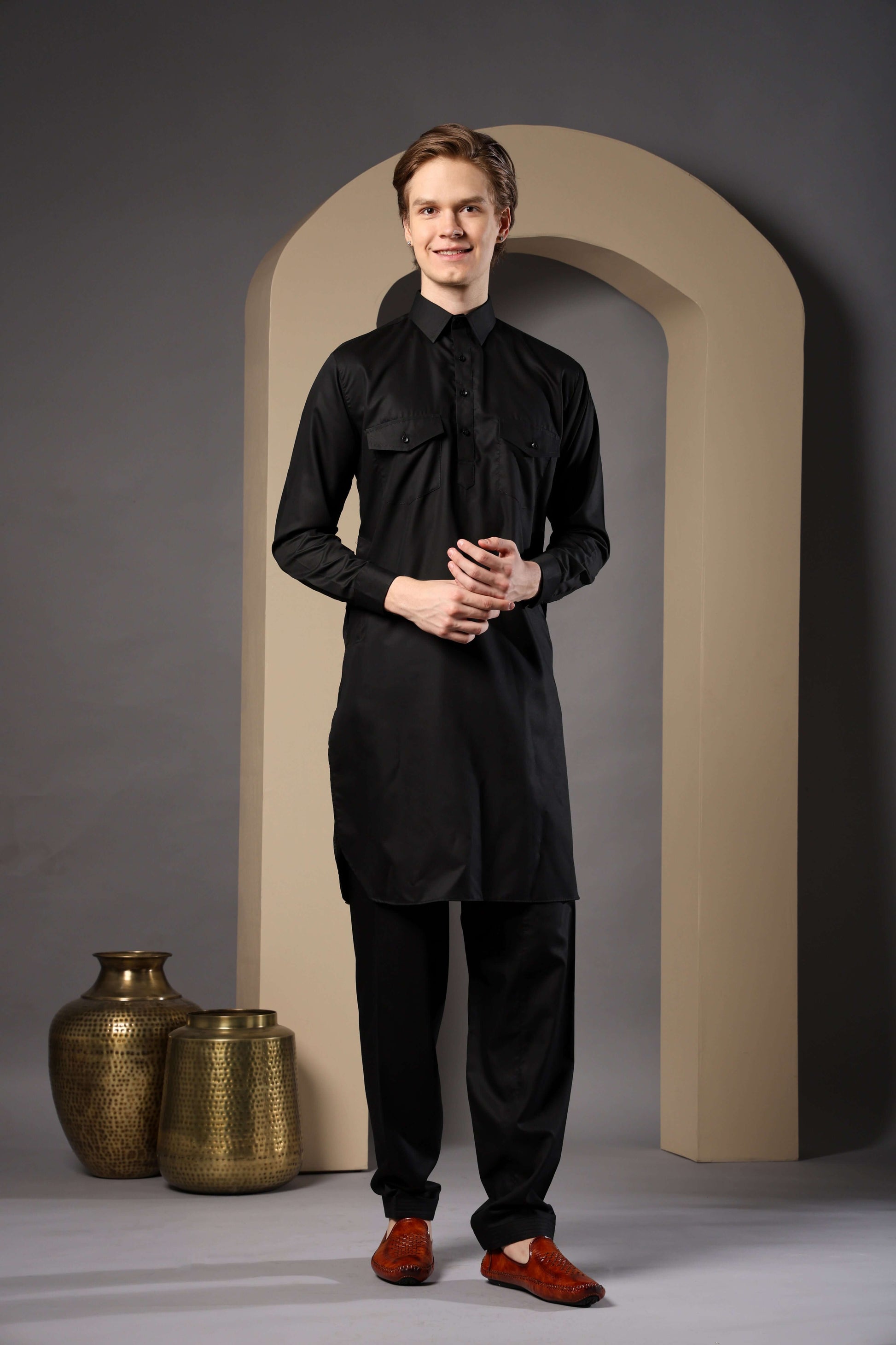 Black Pathani Kurta for Men by Crease India – perfect men's pathani kurta for eid, friday prayers, wedding functions & even dailywear. Buy stylish men's black pathani kurta online.