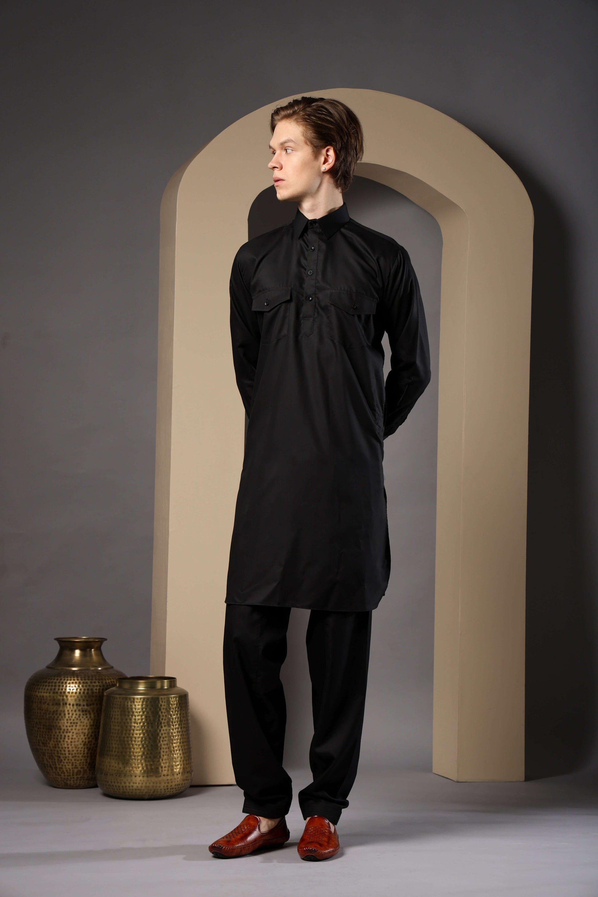 Black Pathani Kurta for Men by Crease India – perfect men's pathani kurta for eid, friday prayers, wedding functions & even dailywear. Buy stylish men's black pathani kurta online.