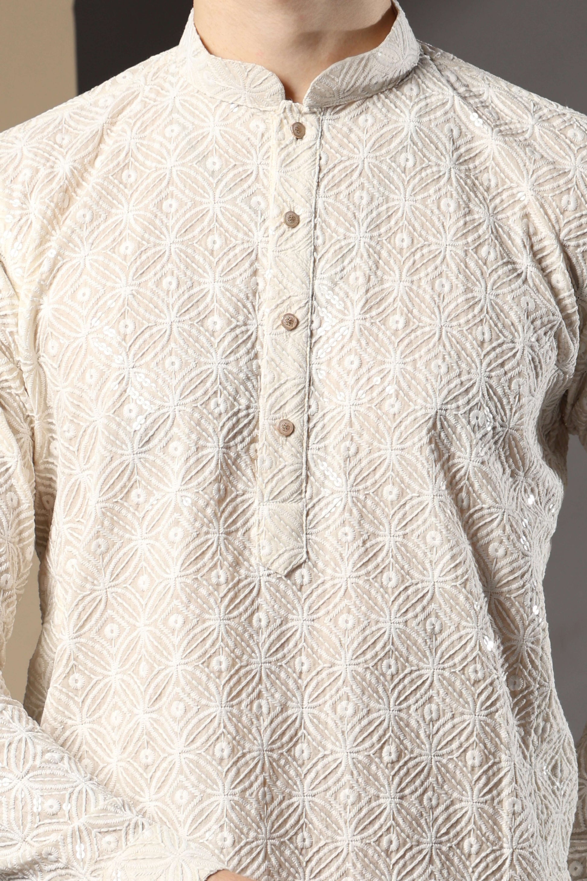 Myra Cotton Embroidered Cream Kurta for Men – elegant mens cotton kurta for pooja and engagement ceremonies by Crease India