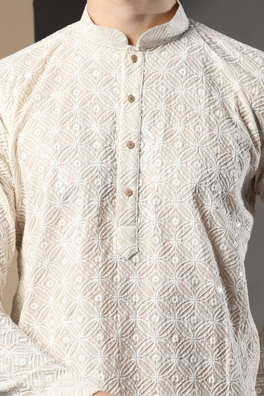 Myra Cotton Embroidered Cream Kurta for Men – elegant mens cotton kurta for pooja and engagement ceremonies by Crease India