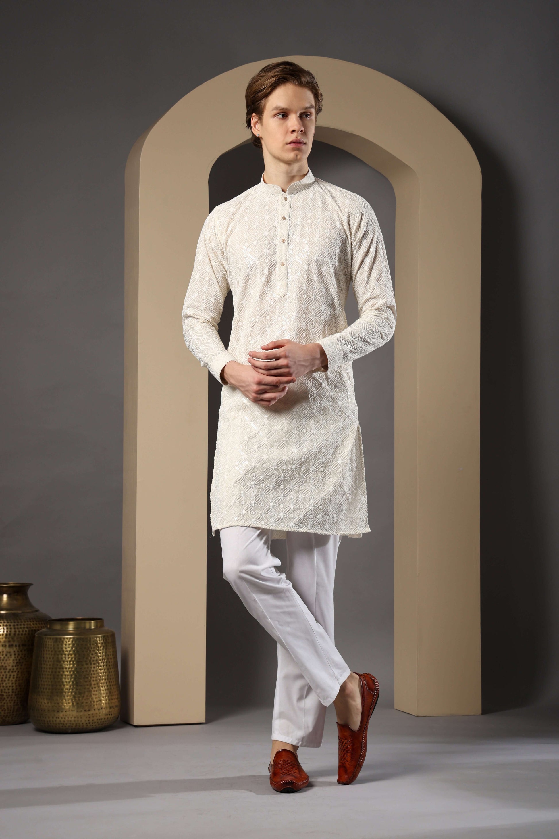 Myra Cotton Embroidered Cream Kurta for Men – elegant mens cotton kurta for pooja and engagement ceremonies by Crease India