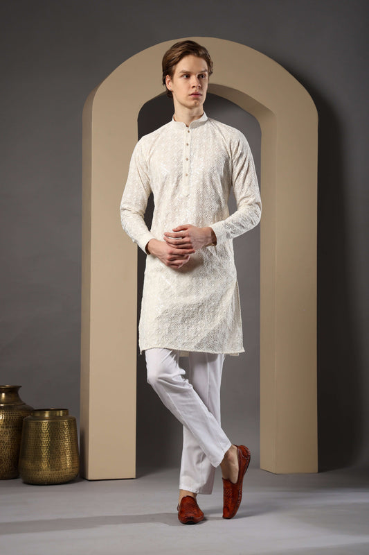 Myra Cotton Embroidered Cream Kurta for Men – elegant mens cotton kurta for pooja and engagement ceremonies by Crease India