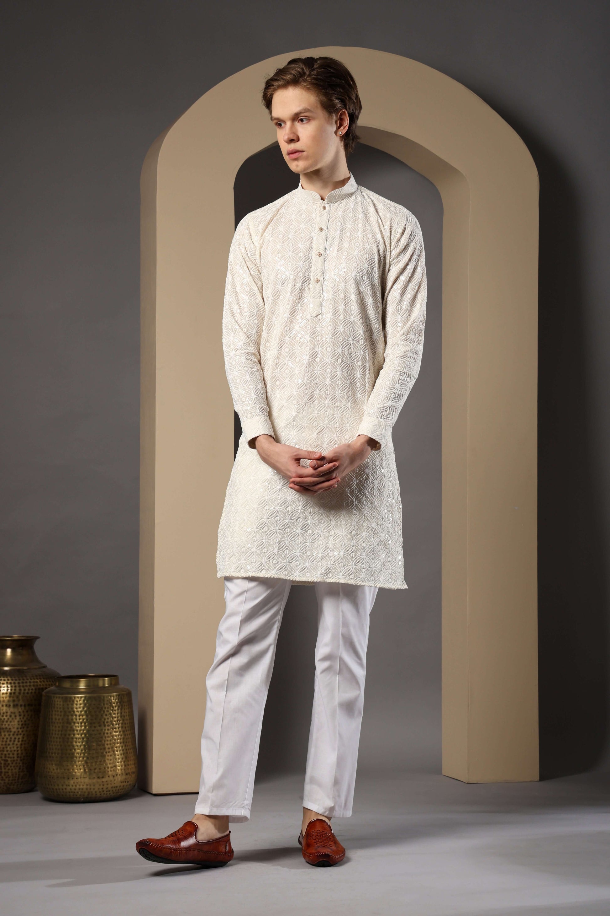 Myra Cotton Embroidered Cream Kurta for Men – elegant mens cotton kurta for pooja and engagement ceremonies by Crease India