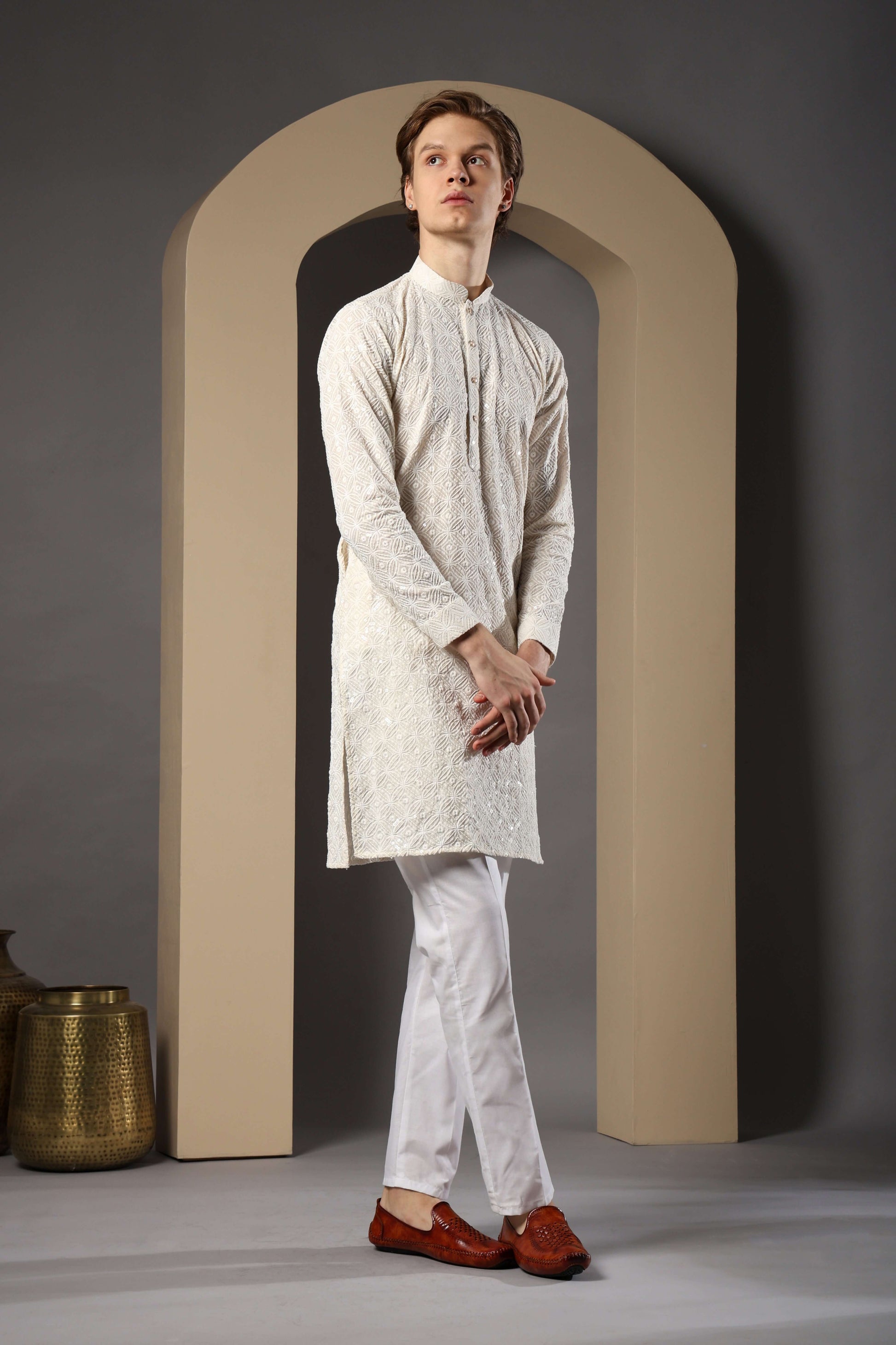 Myra Cotton Embroidered Cream Kurta for Men – elegant mens cotton kurta for pooja and engagement ceremonies by Crease India