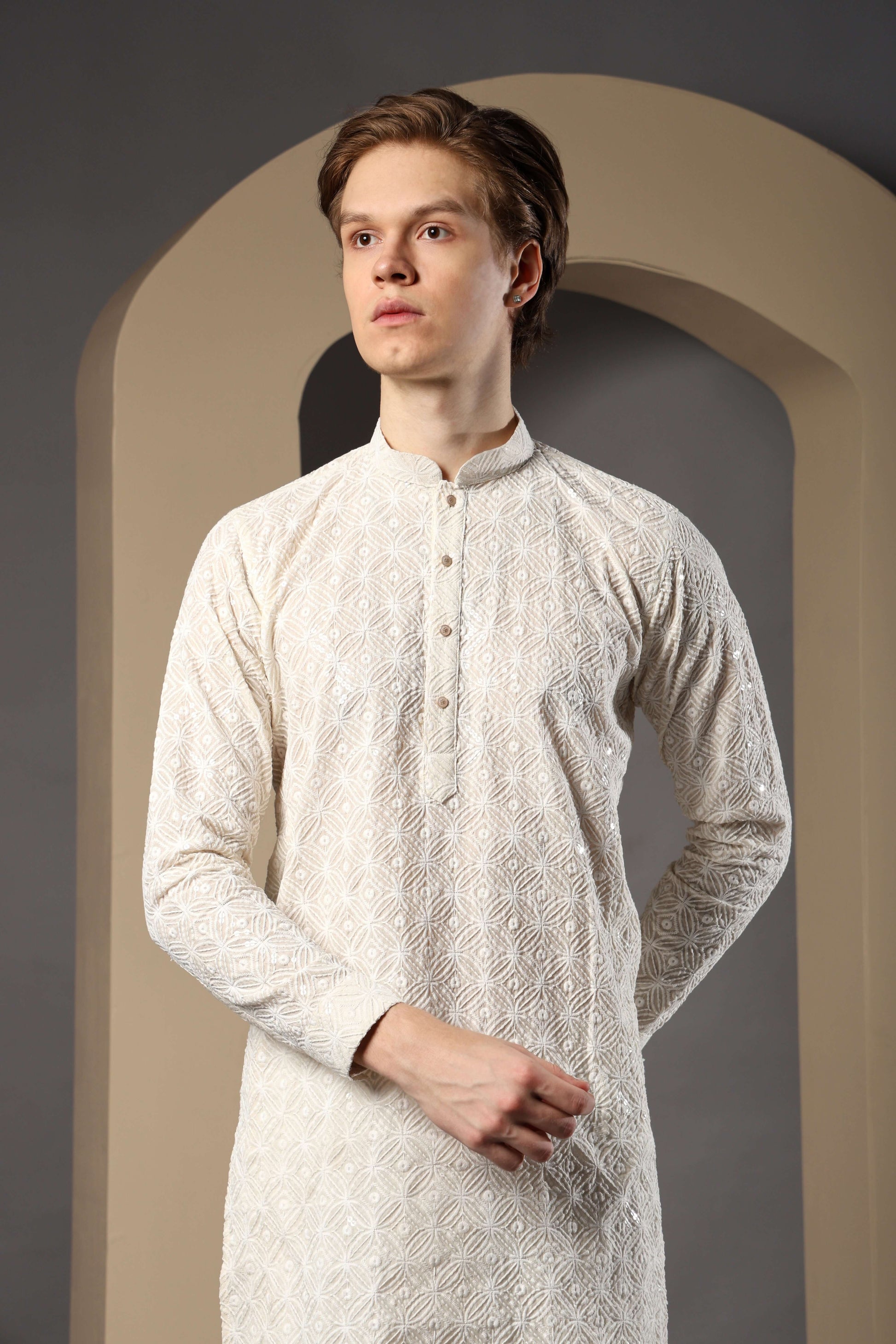 Myra Cotton Embroidered Cream Kurta for Men – elegant mens cotton kurta for pooja and engagement ceremonies by Crease India