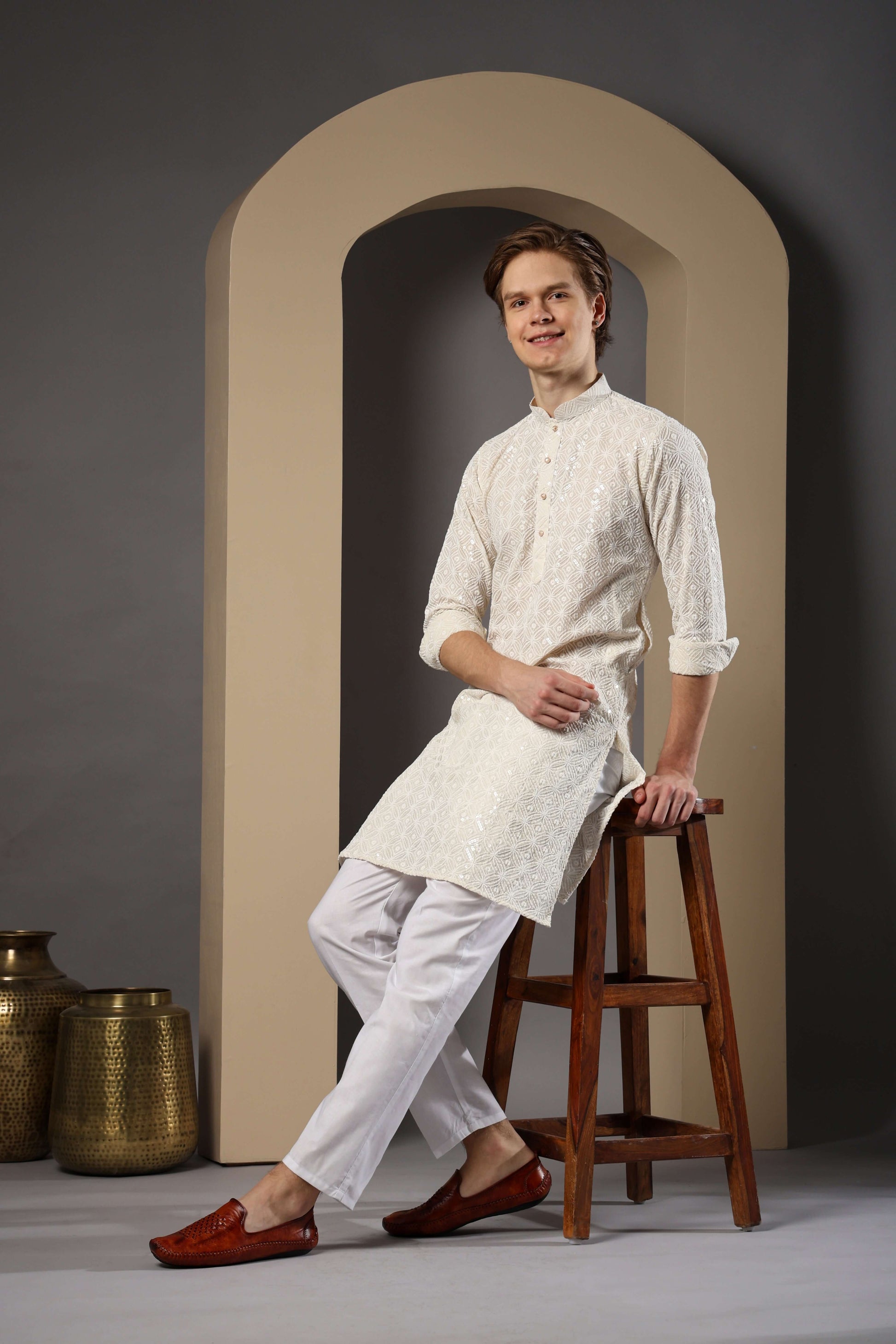 Myra Cotton Embroidered Cream Kurta for Men – elegant mens cotton kurta for pooja and engagement ceremonies by Crease India