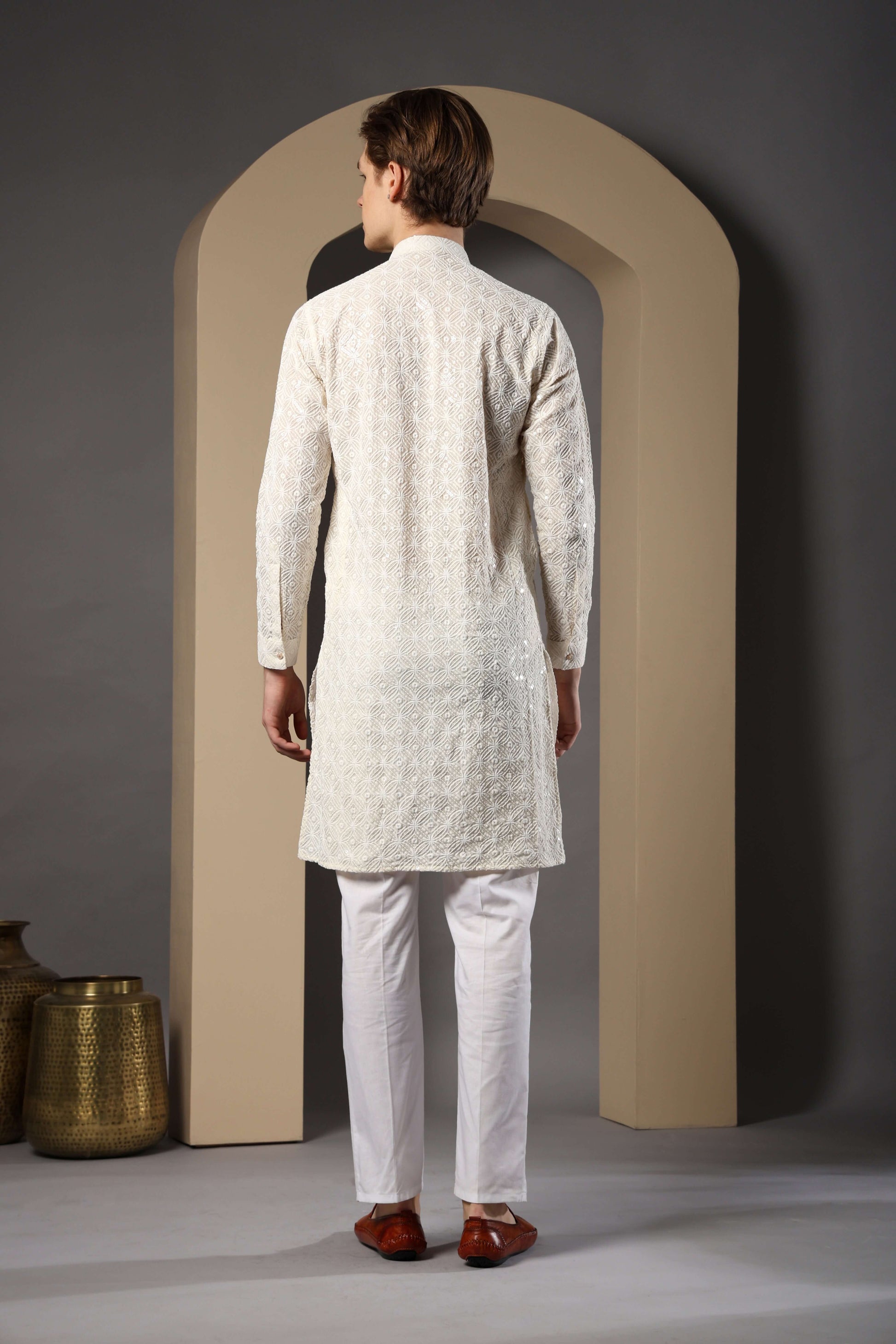 Myra Cotton Embroidered Cream Kurta for Men – elegant mens cotton kurta for pooja and engagement ceremonies by Crease India