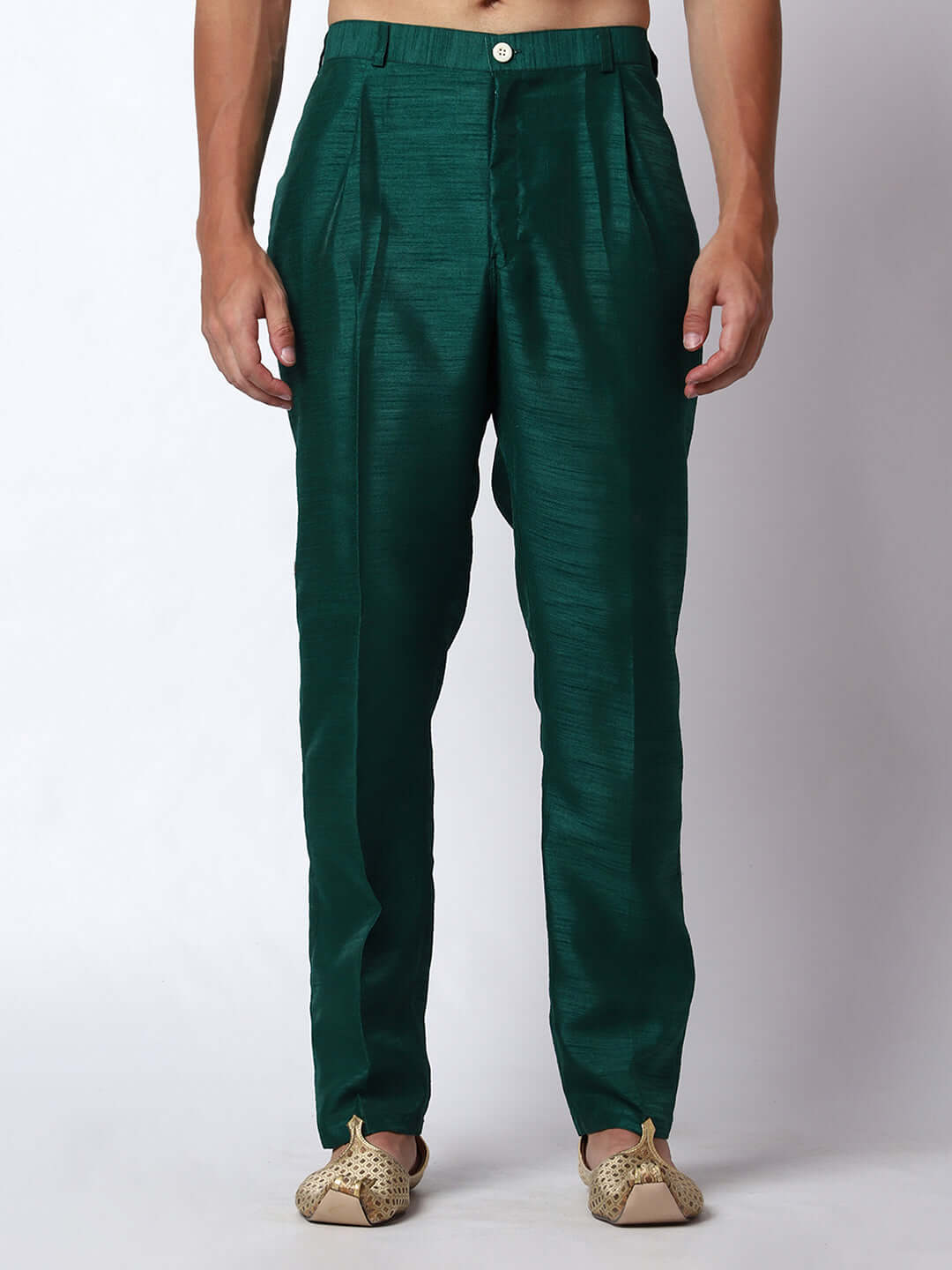 Dark Green kurta with midnight blue nehru jacket for men which is made up of dupion silk and has golden floral embroidery on it. Shop this dark green designer wedding kurta jacket set for male from Crease India website.