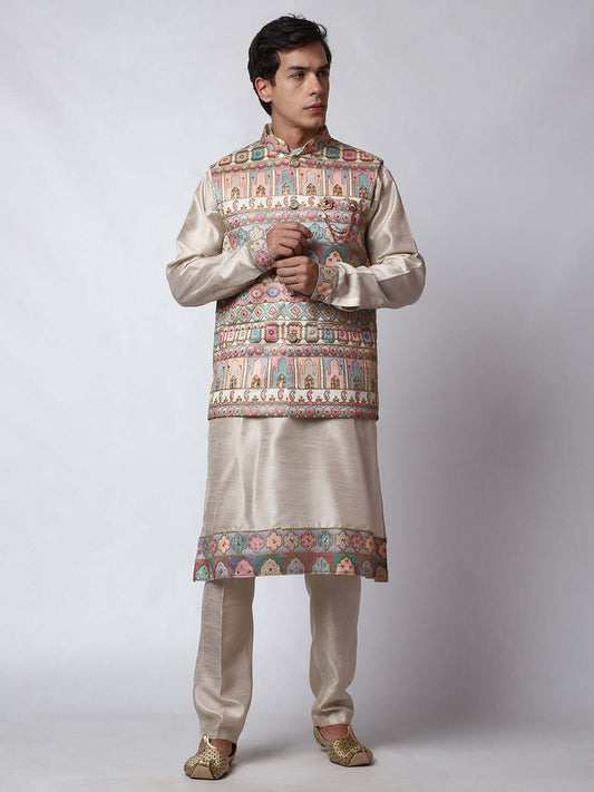 Zari Fawn kurta with fawn nehru jacket for men which is made up of dupion silk and has net embroidery with sequins on it. Shop this zari fawn designer wedding kurta jacket set for male from Crease India website.