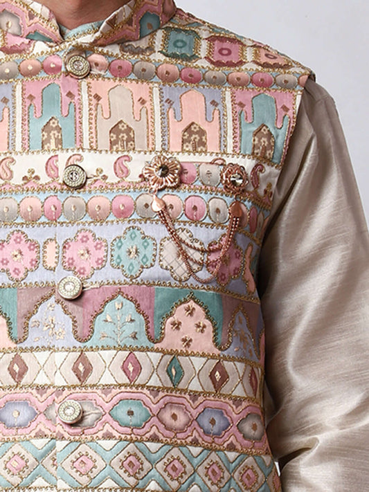 Zari Fawn kurta with fawn nehru jacket for men which is made up of dupion silk and has net embroidery with sequins on it. Shop this zari fawn designer wedding kurta jacket set for male from Crease India website.